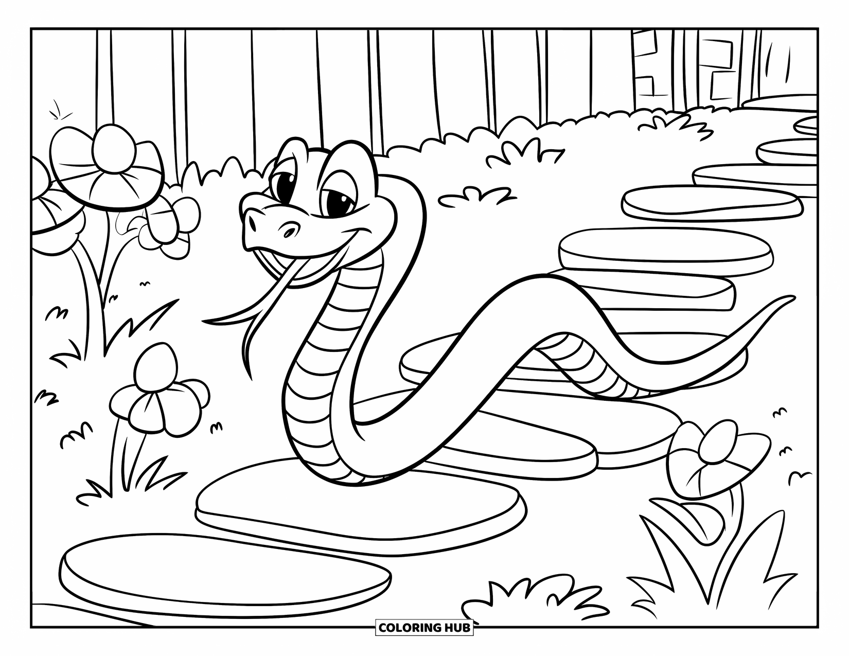 Kolorowanka z wężem dla dzieci: Długi wąż wije się przez kamienie milowe z kwiatami i liśćmi dookoła