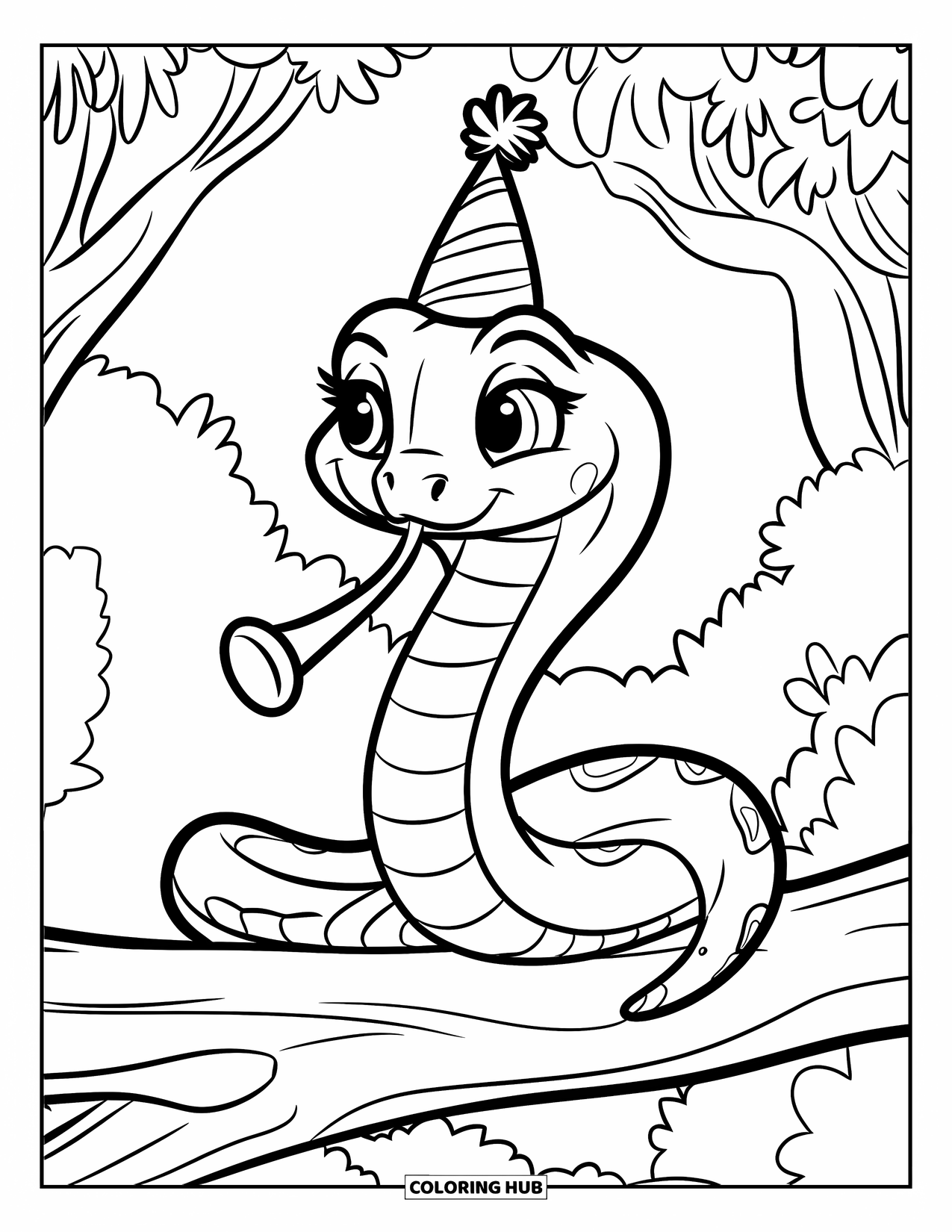 Kolorowanka z wężem dla dzieci: Imprezowy wąż w kapeluszu dmucha w małą trąbkę, siedząc na gałęzi