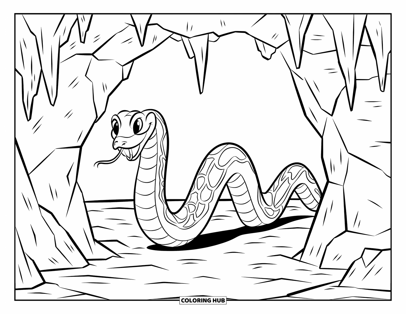 Kolorowanka z wężem dla dzieci: Wzorzysty wąż wyłania się z jaskini otoczonej skalistymi teksturami i cieniami