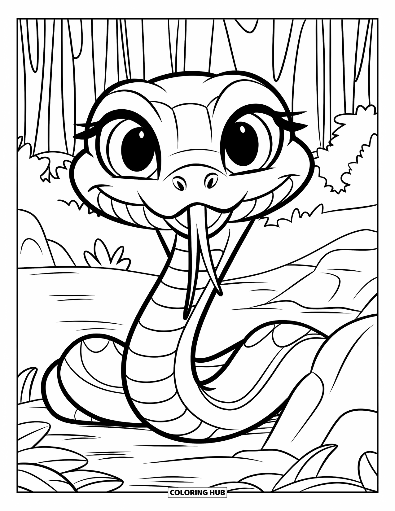 Kolorowanka z wężem dla dzieci: Okrągły mały wąż z dużymi oczami chowa się za kamieniem w liściastym lesie
