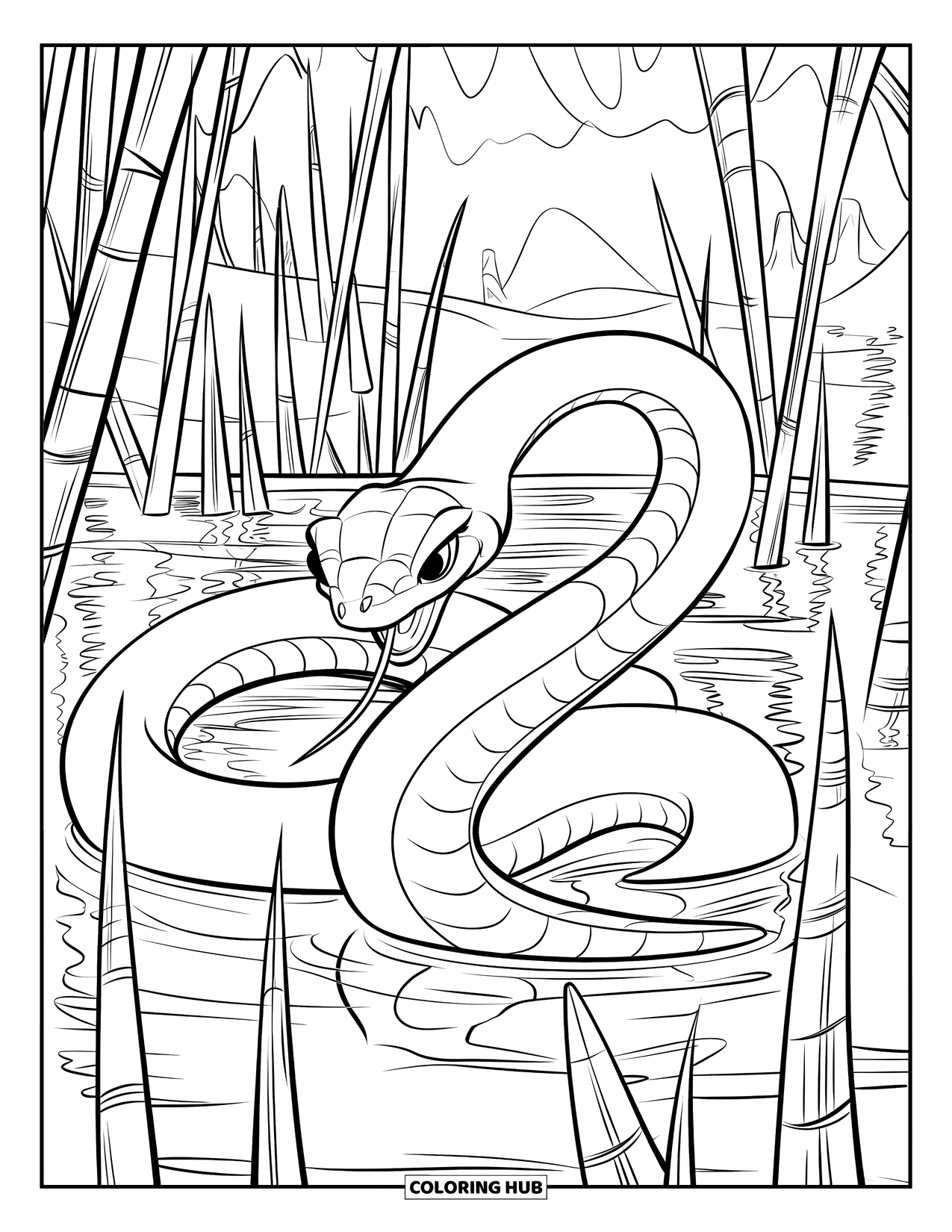 Kolorowanka z wężem dla dzieci: Błyszczący wąż ślizga się przez gęste szuwary bagienne w pobliżu spokojnej wody i mglistych gór