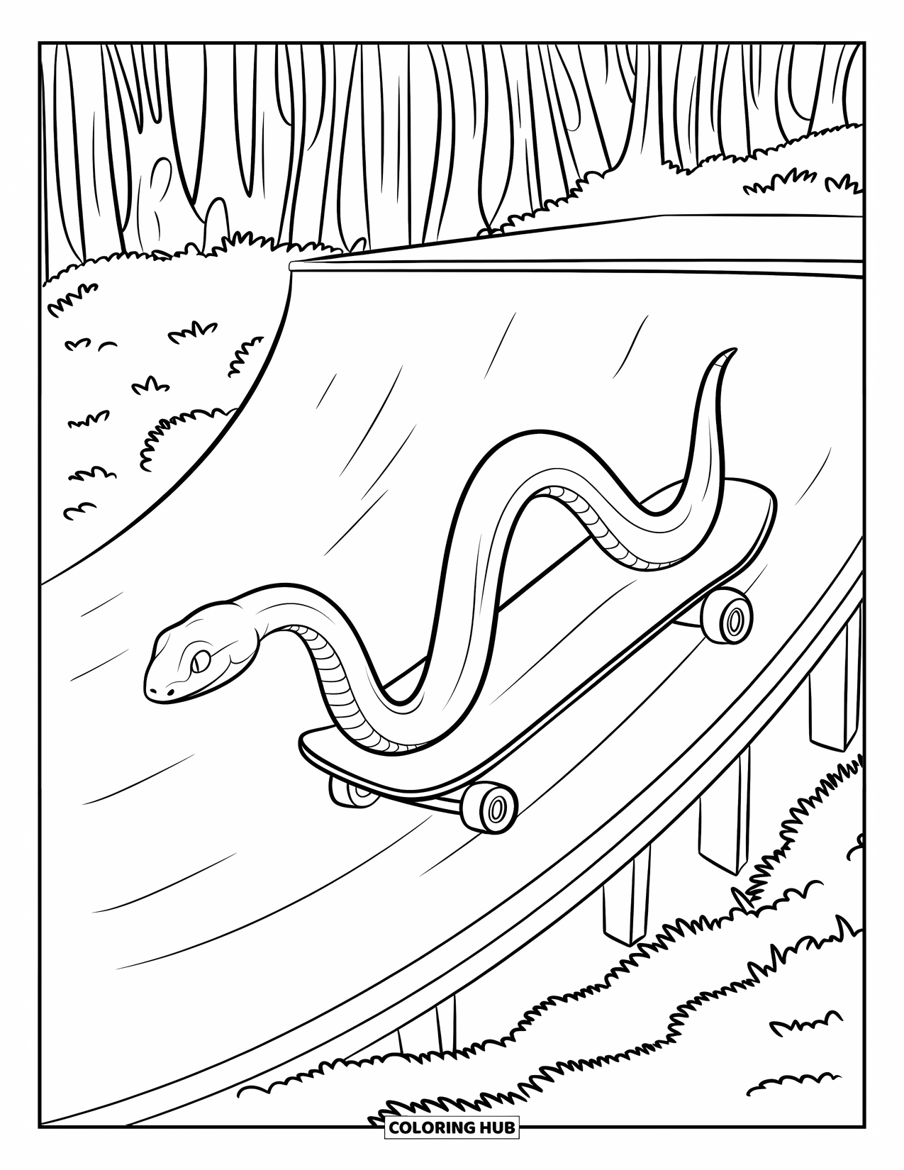Kolorowanka z wężem dla dzieci: Elegancki wąż ślizga się po drewnianej rampie do deskorolki w pobliżu lasu