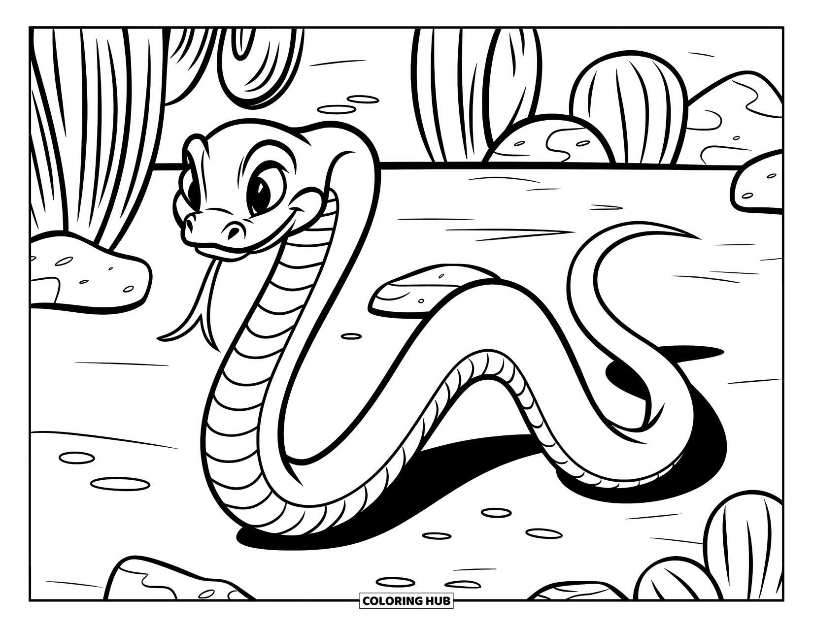 Kolorowanka z wężem dla dzieci: Elegancki wąż ślizga się po pustynnym gruncie z kaktusami i rozrzuconymi kamieniami w pobliżu