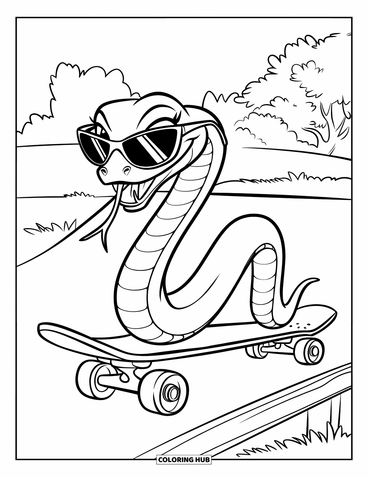 Kolorowanka z wężem dla dzieci: Elegancki wąż w okularach przeciwsłonecznych ślizga się po rampie w trawiastym parku