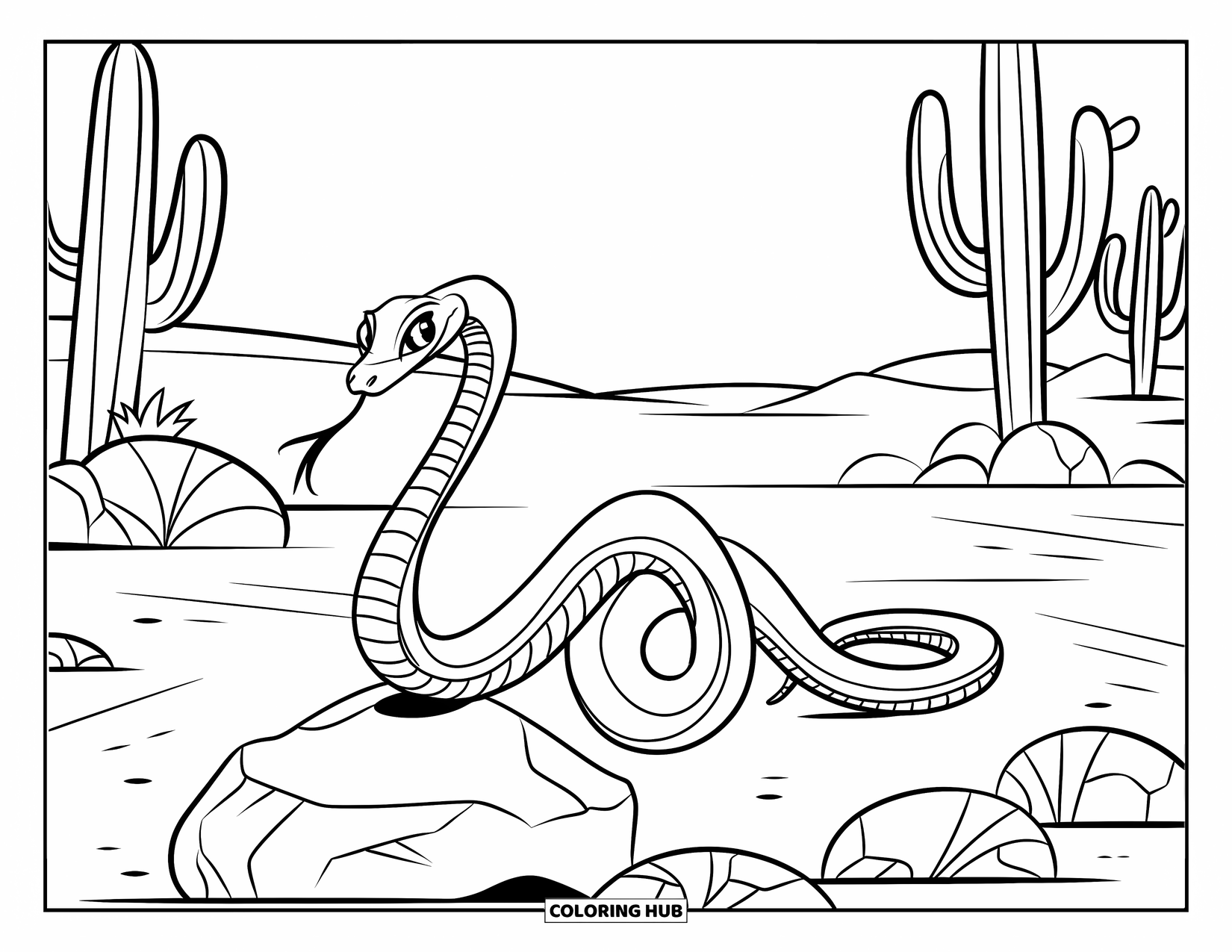 Kolorowanka z wężem dla dzieci: Smukły wąż zwija się wokół kamienia wśród kaktusów na szerokiej, piaszczystej pustyni