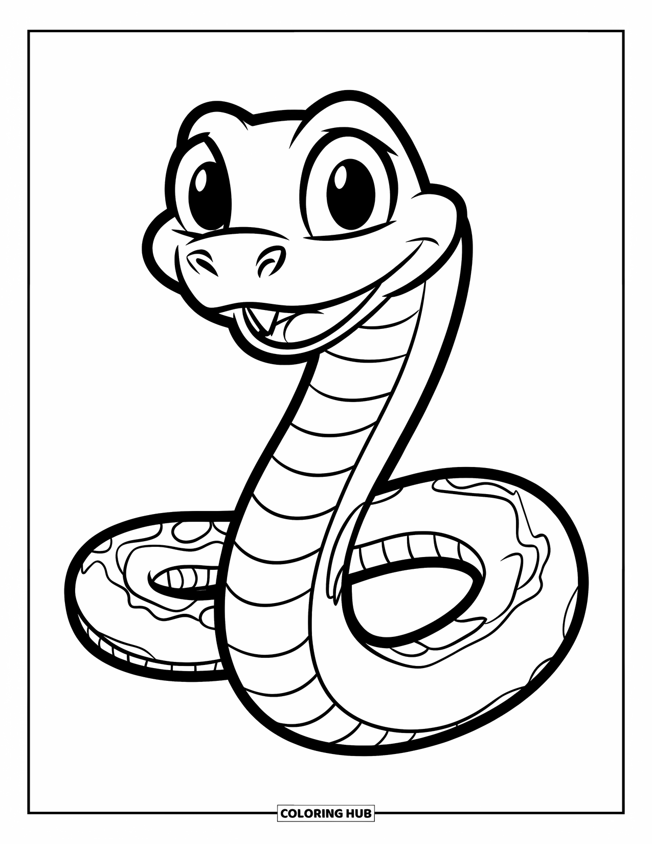 Kolorowanka z wężem dla dzieci: Uśmiechnięty wąż tworzy literę „S” z dużymi oczami i wesołą twarzą