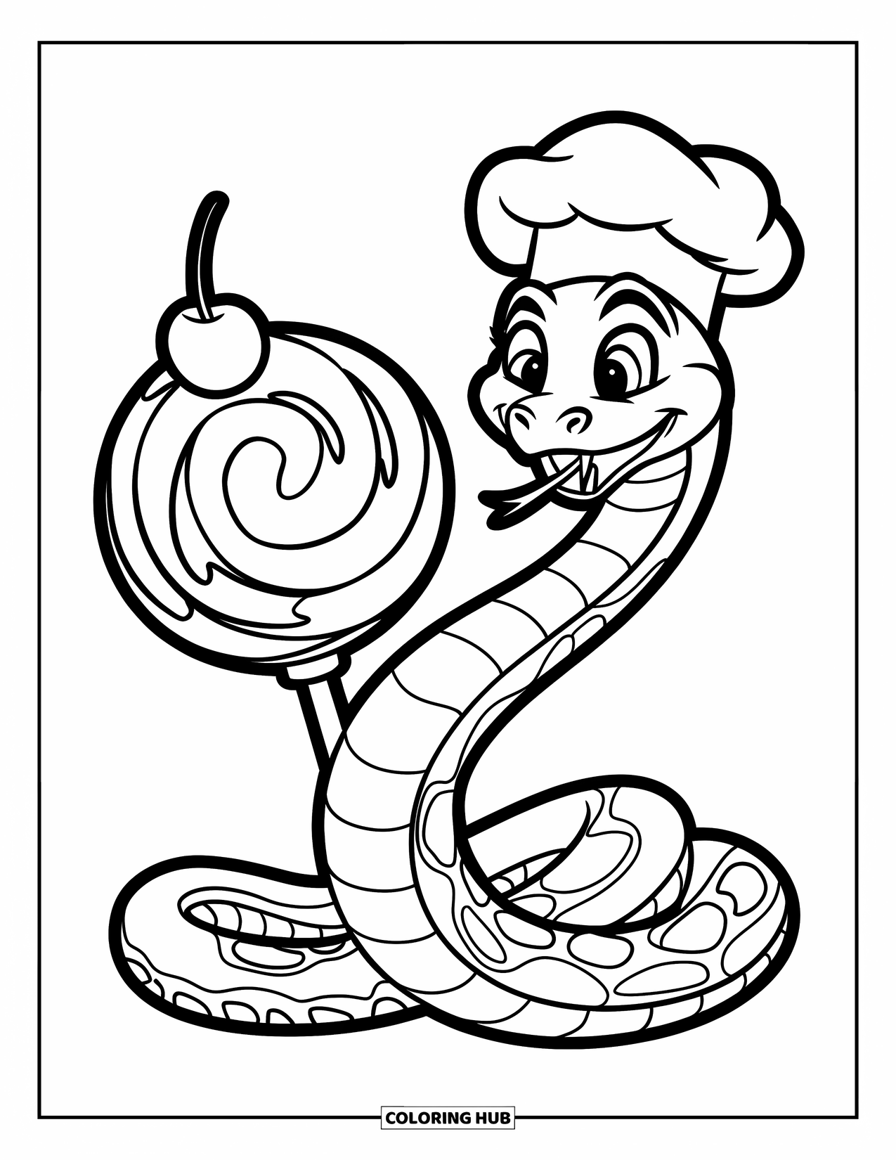 Kolorowanka z wężem dla dzieci: Uśmiechnięty wąż w czapce szefa kuchni owija się wokół lizaka z wisienką na wierzchu