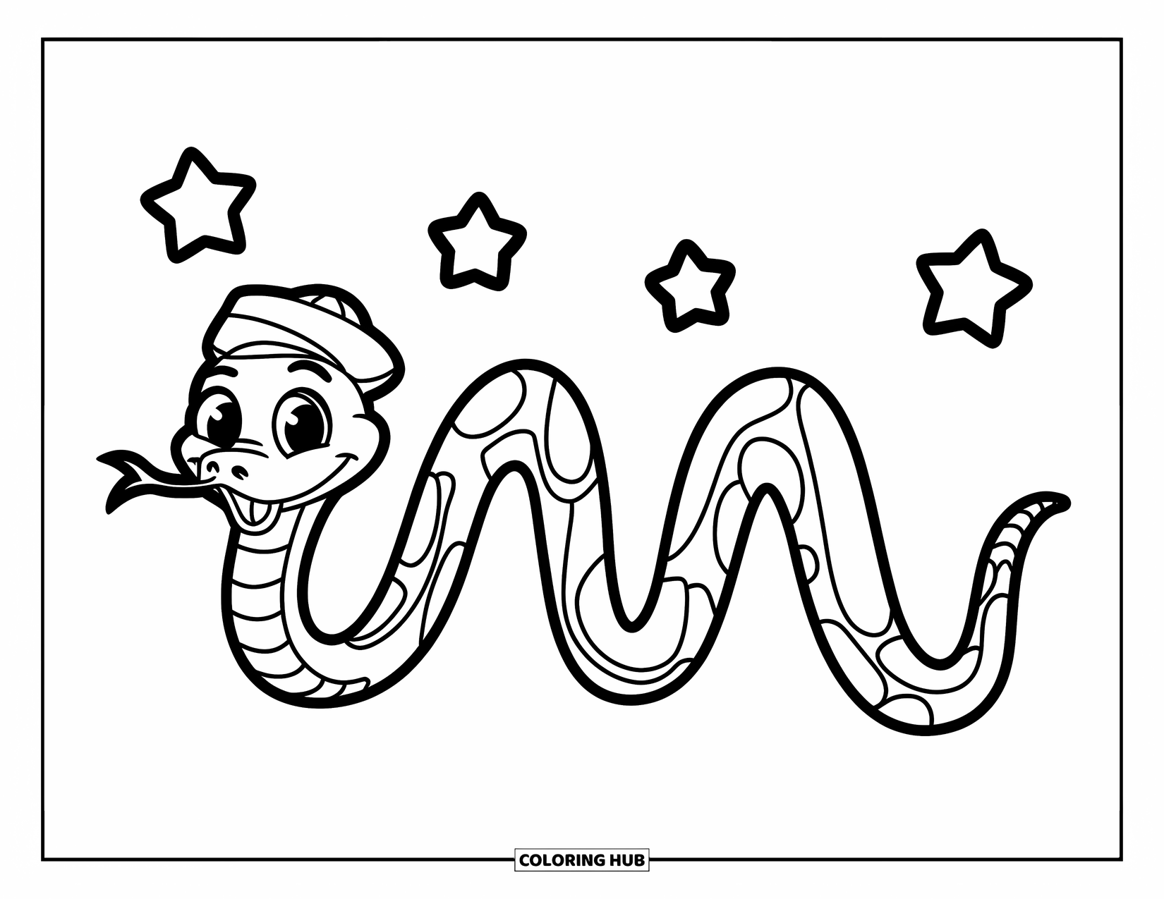 Kolorowanka z wężem dla dzieci: Uśmiechnięty wąż w kapeluszu tworzy falistą ścieżkę z gwiazdami powyżej
