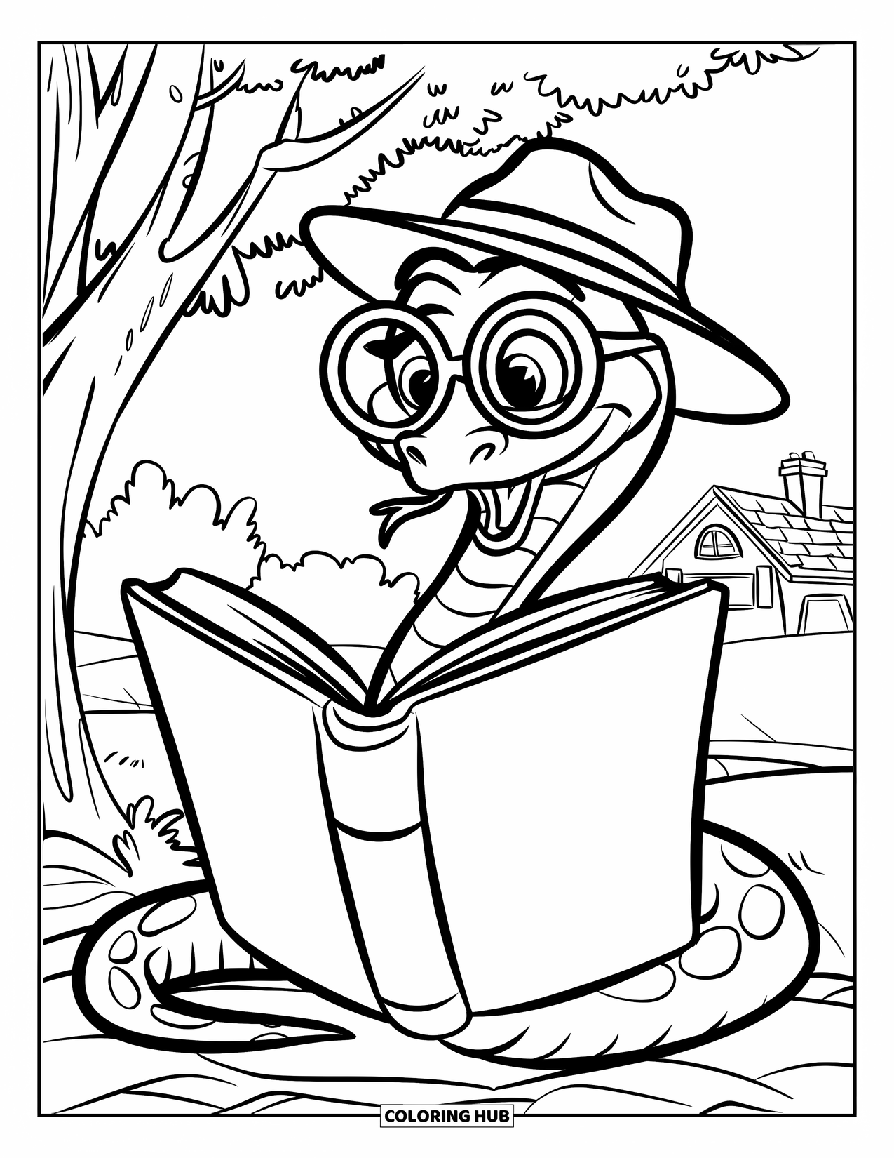 Kolorowanka z wężem dla dzieci: Uśmiechnięty wąż w kapeluszu czyta książkę pod drzewem w pobliżu domu