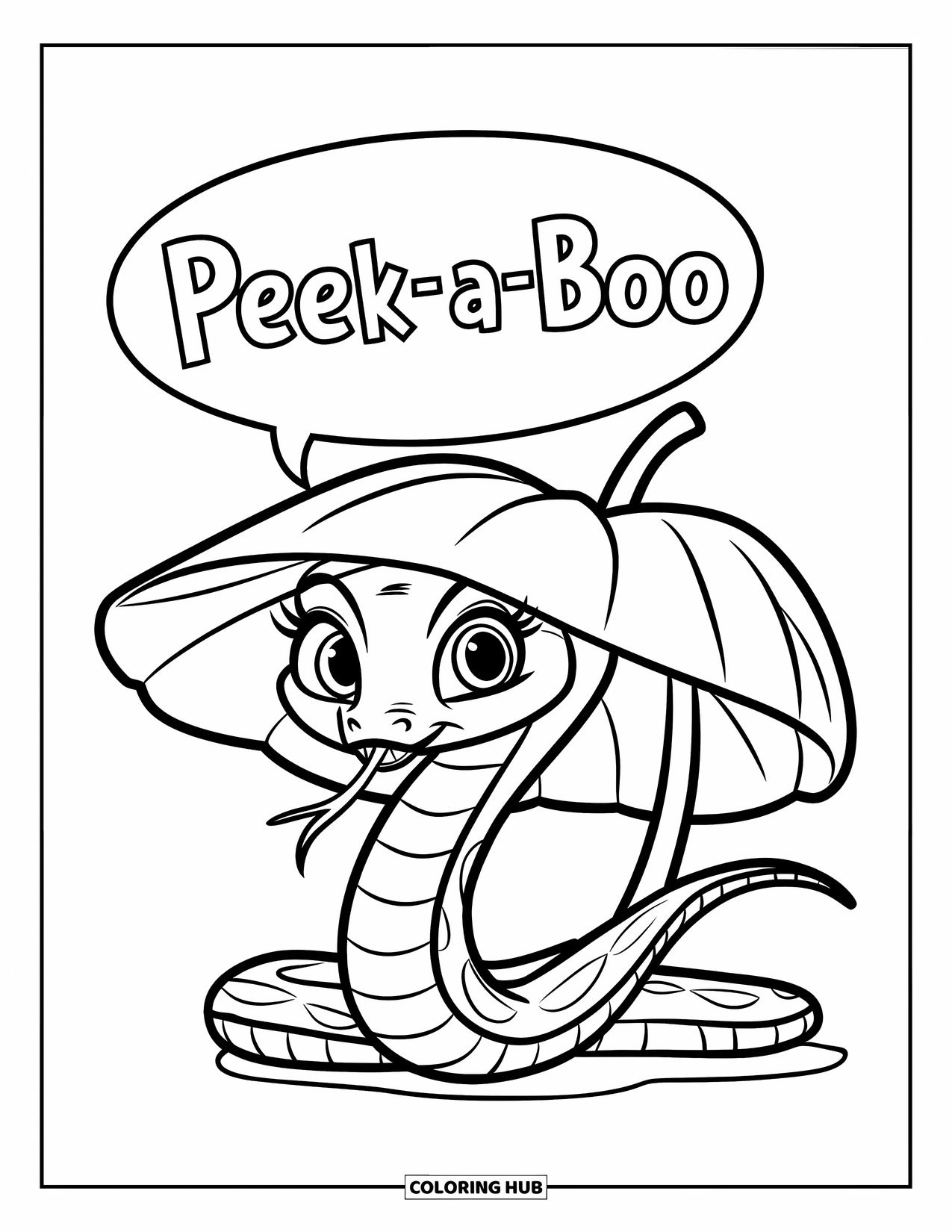 Kolorowanka z wężem dla dzieci: Uśmiechnięty wąż pod gigantycznym liściem nosi liściasty kapelusz i mówi „a kuku”