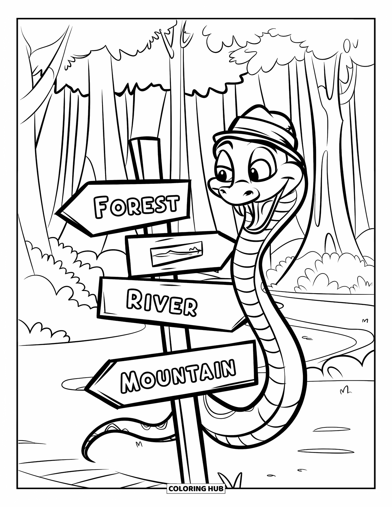Kolorowanka z wężem dla dzieci: Uśmiechnięty wąż w kapeluszu zwija się wokół drogowskazu wskazującego ścieżki przyrodnicze