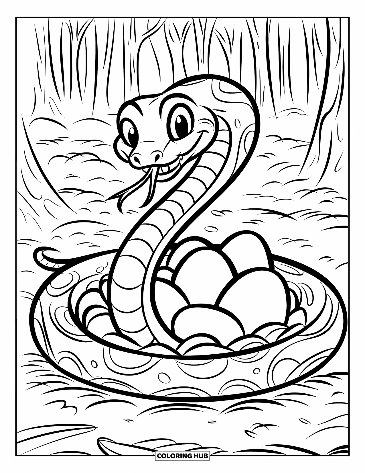 Kolorowanka z wężem dla dzieci: Uśmiechnięty wąż owija się wokół gniazda jaj na kłodzie w liściastym lesie