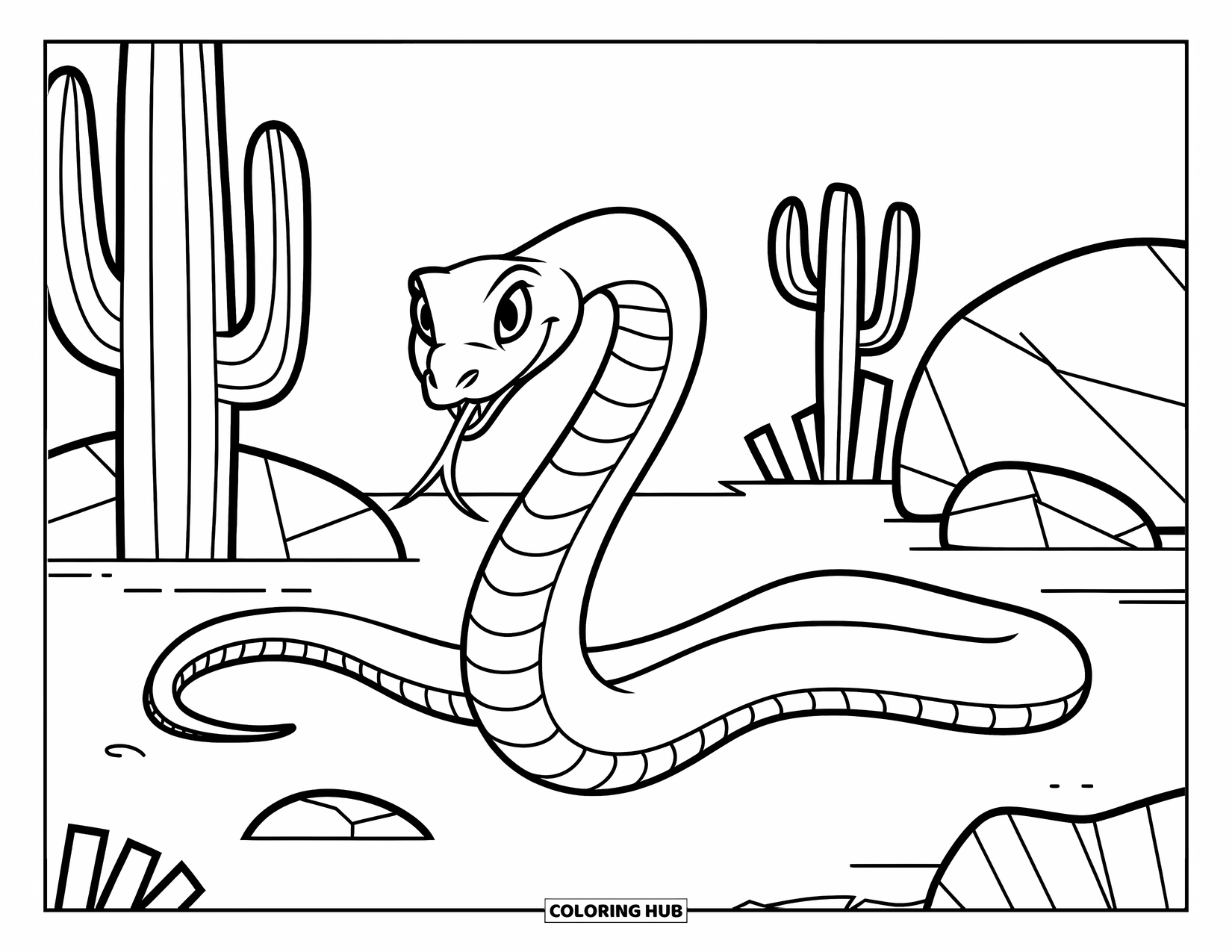 Kolorowanka z wężem dla dzieci: Wąż zwija się wokół kaktusa na pustynnym krajobrazie z kamieniami i kłującymi roślinami