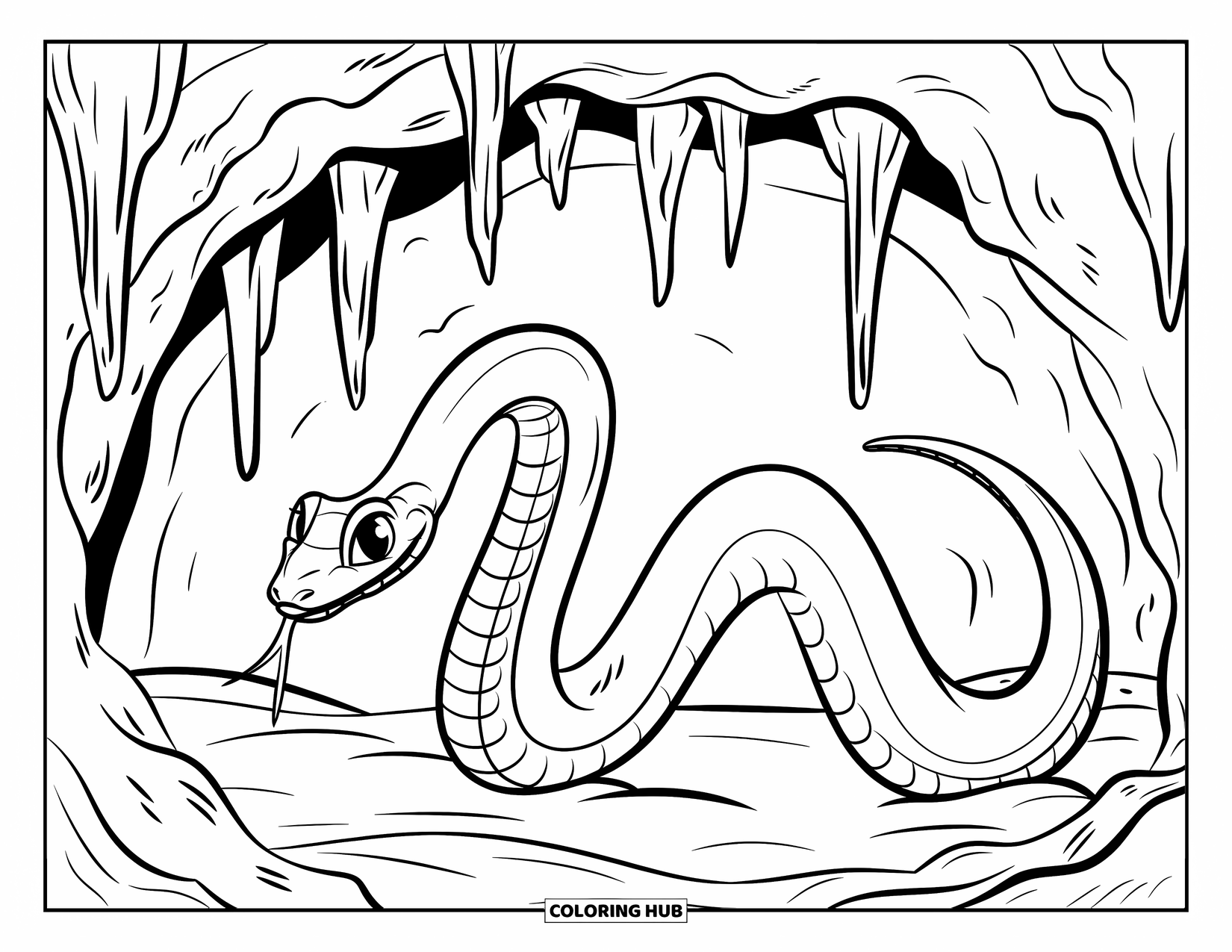 Kolorowanka z wężem dla dzieci: Wąż zwija się wokół skały pod stalaktytami u wejścia do ciemnej jaskini