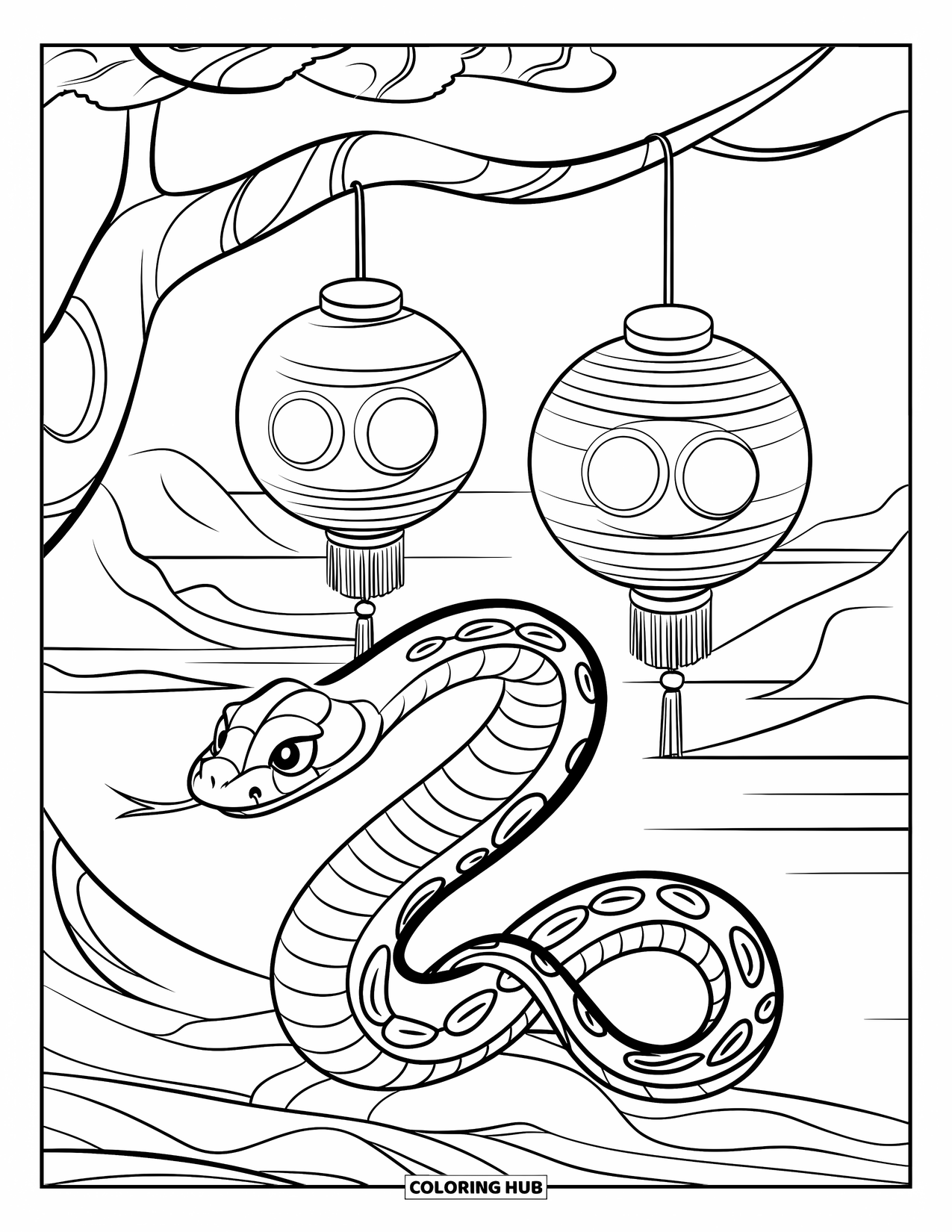 Kolorowanka z wężem dla dzieci: Wąż zwija się na gałęzi drzewa w pobliżu lampionów z górami i wodą w tle