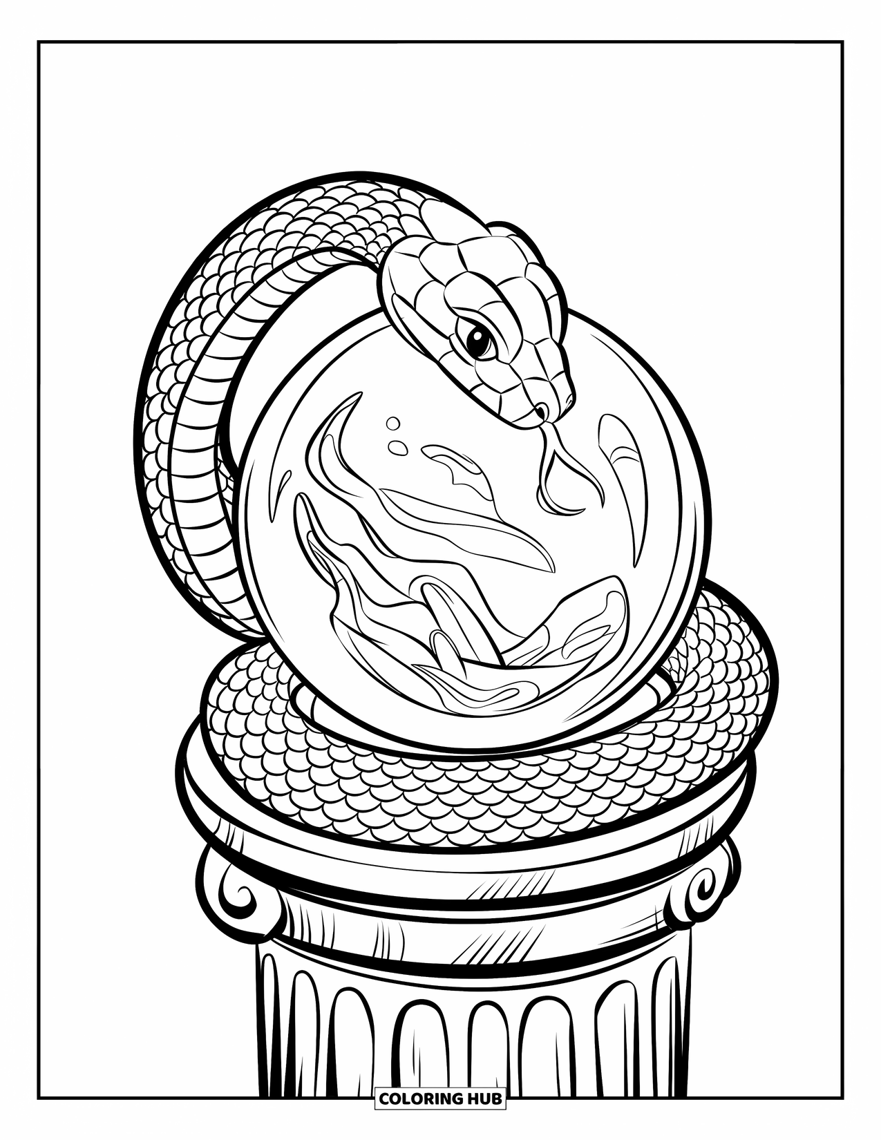 Kolorowanka z wężem dla dzieci: Wąż zwija się wokół kryształowej kuli spoczywającej na kamiennym cokole