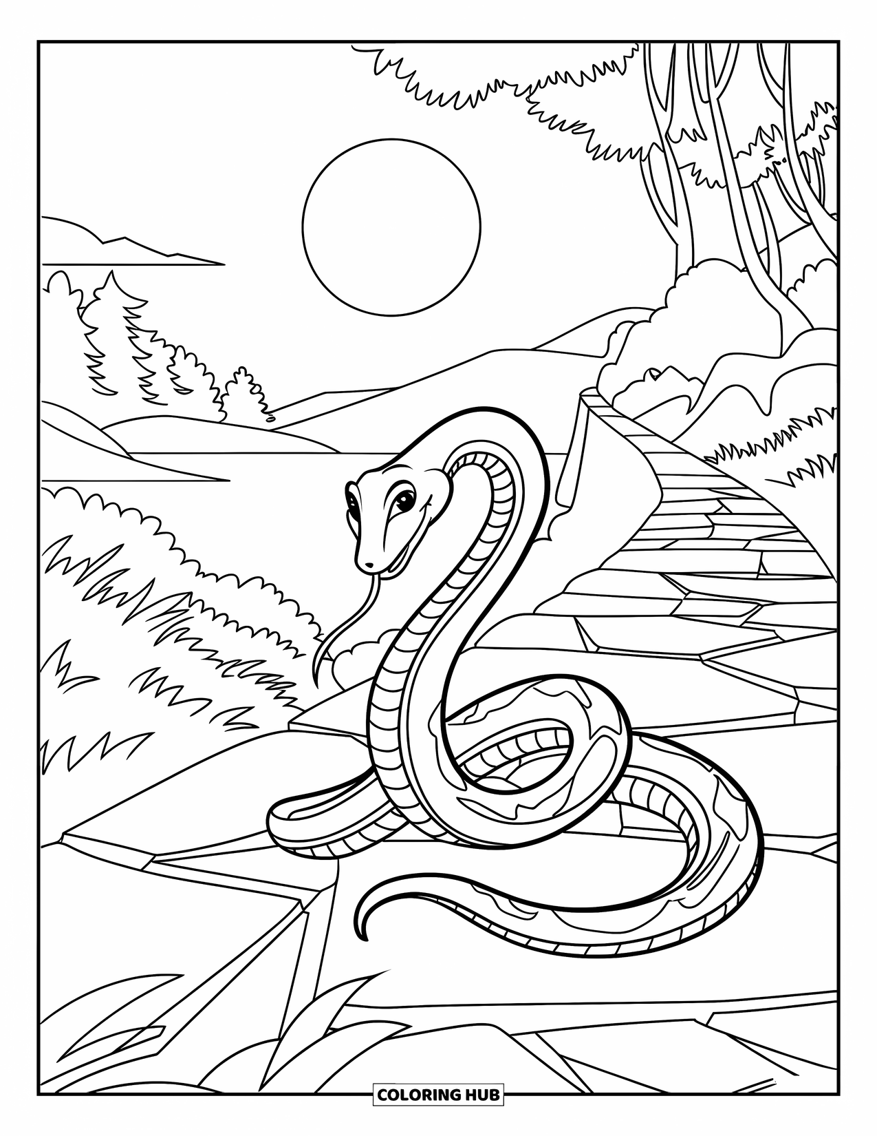Kolorowanka z wężem dla dzieci: Wąż ślizga się po popękanej kamiennej ścieżce w świetle księżyca w pobliżu gór i jeziora