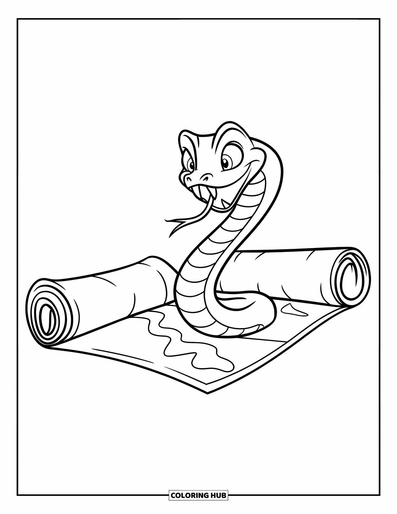 Kolorowanka z wężem dla dzieci: Wąż wygląda ze zwiniętego zwoju mapy skarbów z ciekawskim wyrazem twarzy