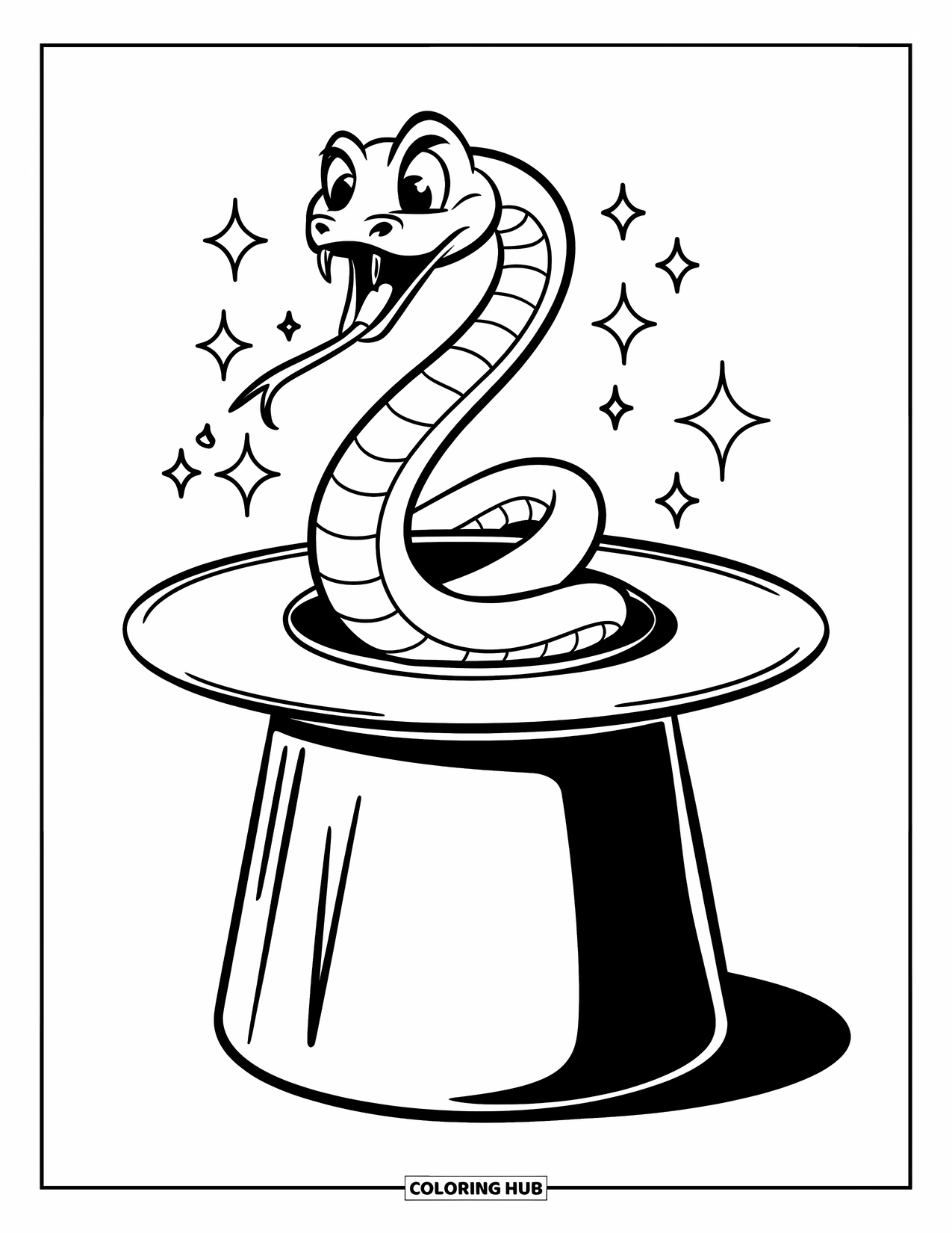 Kolorowanka z wężem dla dzieci: Wąż wyskakuje z kapelusza magika, a dookoła unoszą się iskierki