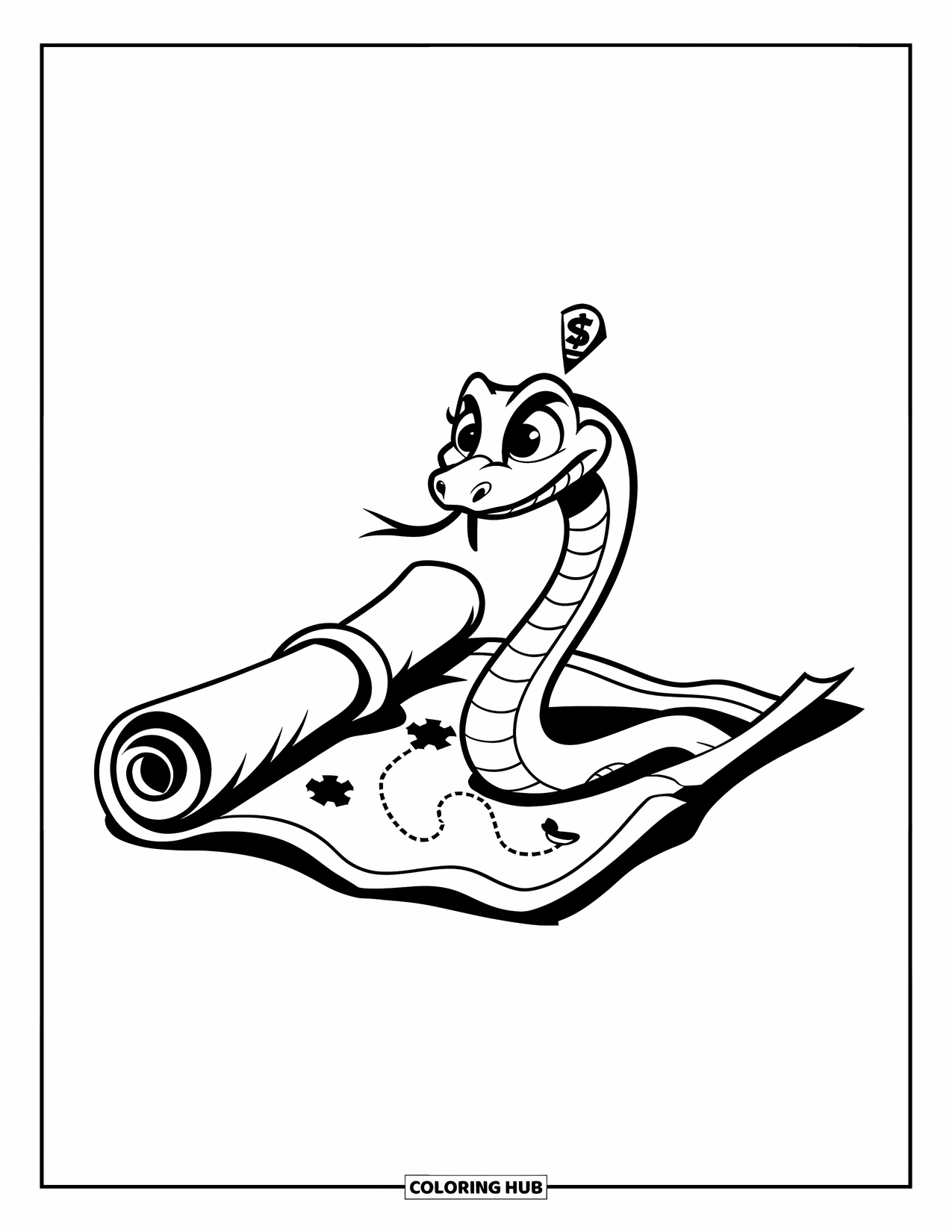 Kolorowanka z wężem dla dzieci: Wąż z symbolem skarbu wyłania się ze zwoju w kształcie mapy skarbów