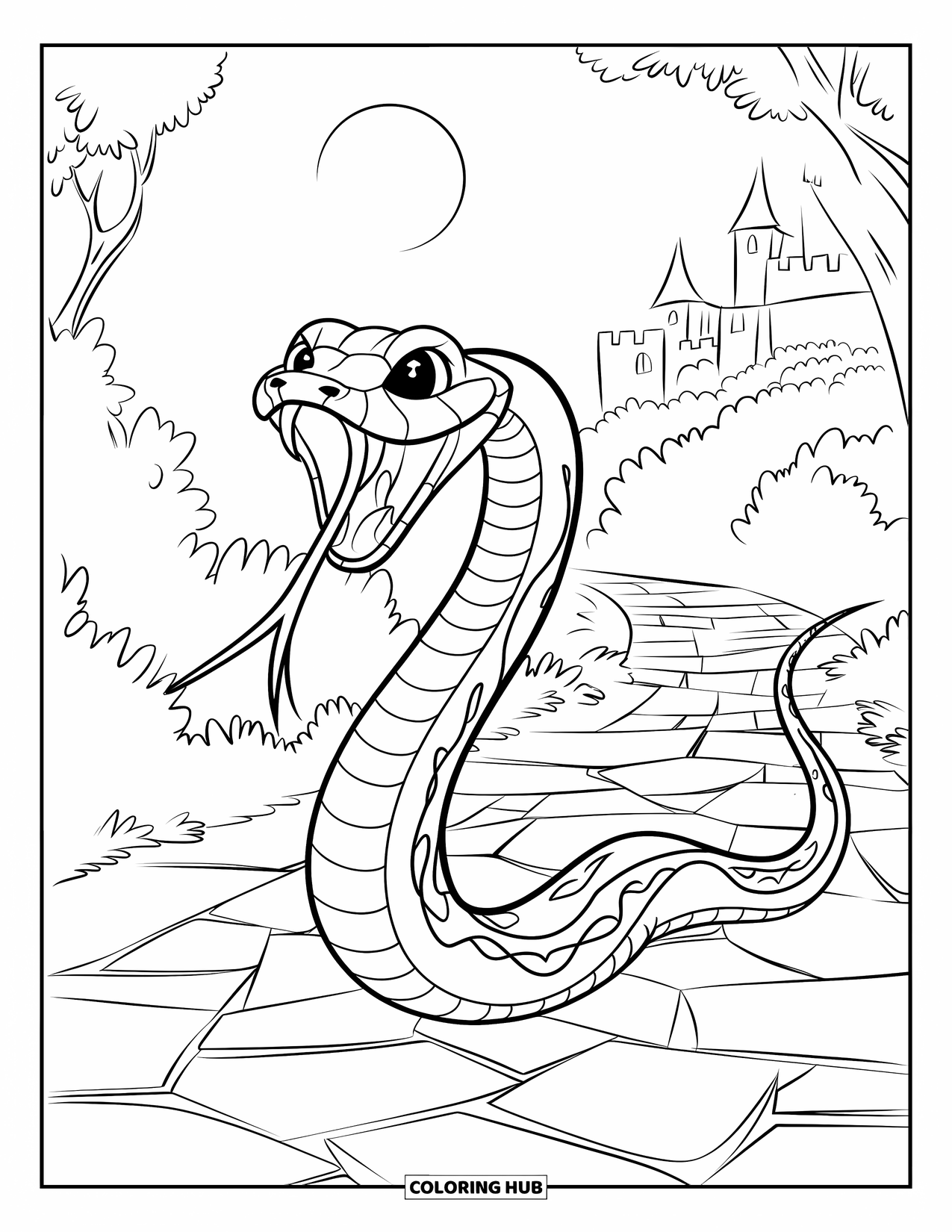 Kolorowanka z wężem dla dzieci: Wąż z otwartą paszczą ślizga się po kamiennej ścieżce w pobliżu zamku