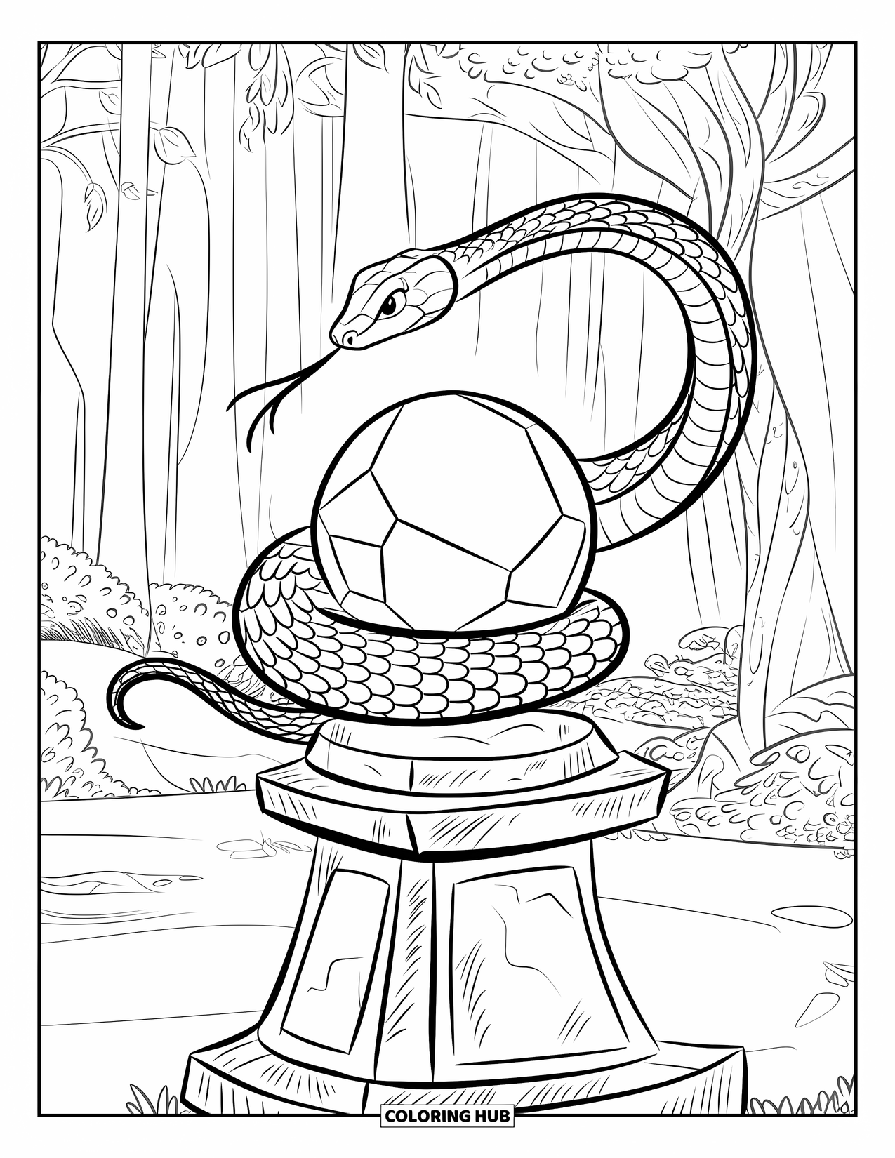 Kolorowanka z wężem dla dzieci: Wąż z grubymi łuskami zwija się wokół świecącej kuli w mistycznym lesie