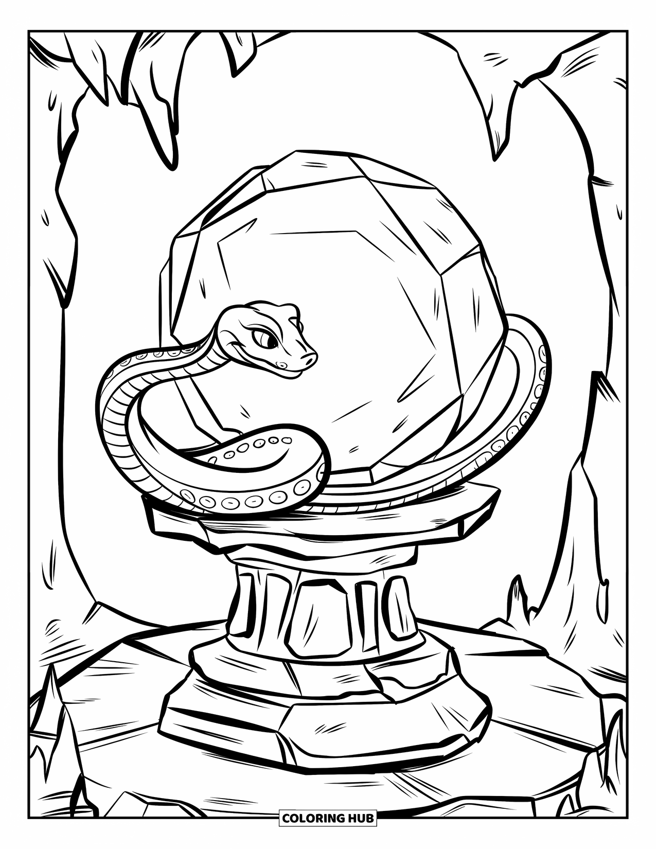 Kolorowanka z wężem dla dzieci: Wąż owija się wokół świecącej kuli na szczycie kamiennego cokołu w zacienionej jaskini