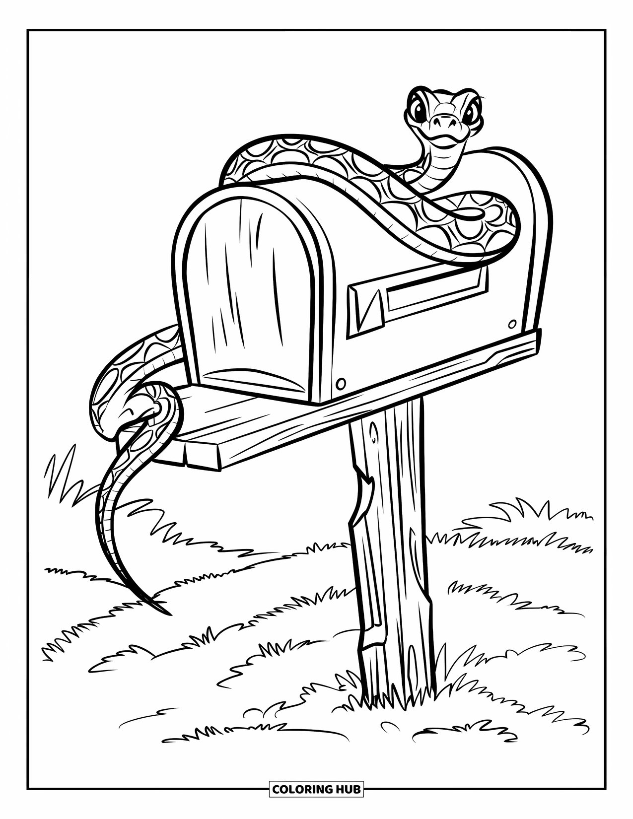 Kolorowanka z wężem dla dzieci: Wąż owija się wokół rustykalnej skrzynki pocztowej na trawiastym polu z drewnianym słupkiem