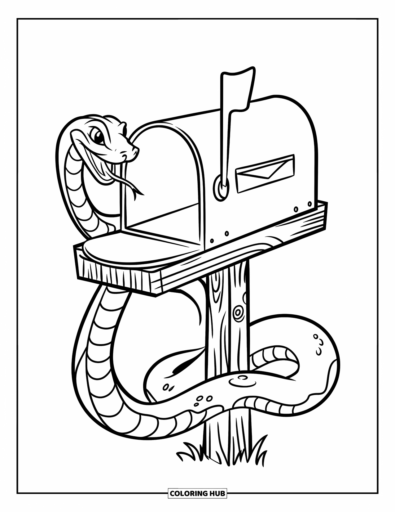 Kolorowanka z wężem dla dzieci: Wąż owija się wokół rustykalnej skrzynki pocztowej na drewnianym słupku z widocznymi zwojami