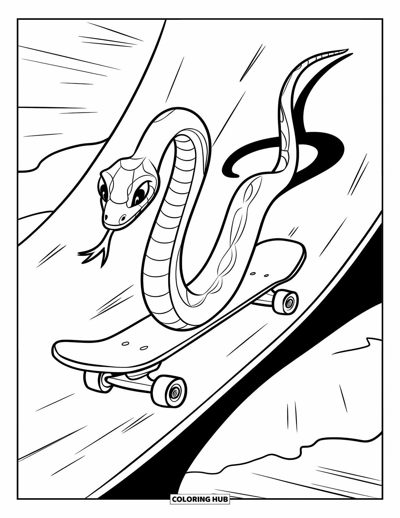 Kolorowanka z wężem dla dzieci: Wąż owija się wokół deskorolki na zakrzywionej rampie z cieniami pod spodem