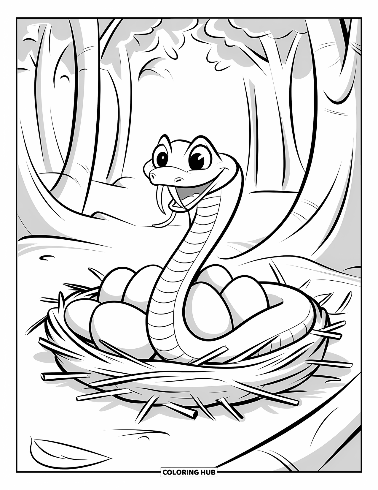 Kolorowanka z wężem dla dzieci: Zębaty wąż zwija się w pobliżu jaj w gnieździe z patyków otoczonym gładkimi pniami drzew