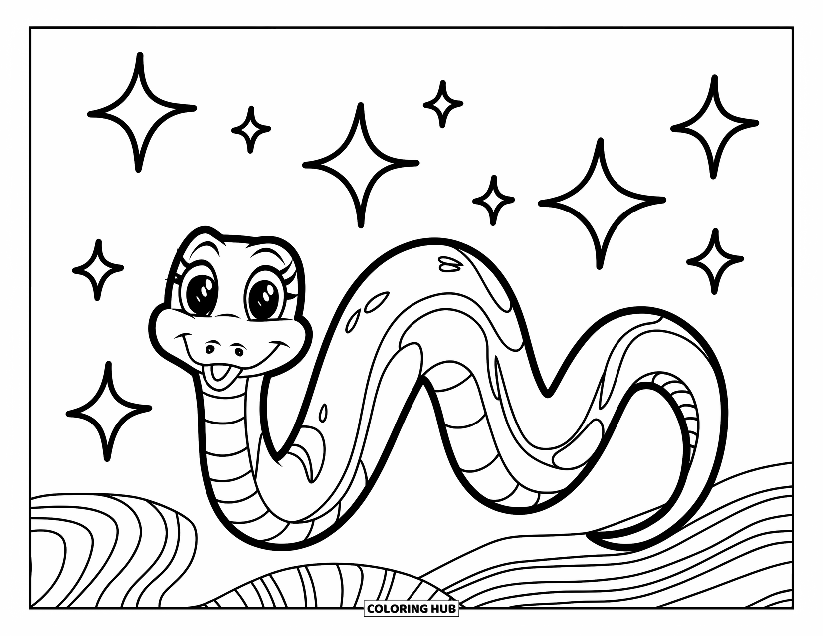 Kolorowanka z wężem dla dzieci: Falisty wąż rozciąga się na stronie, a nad nim unoszą się gwiazdy