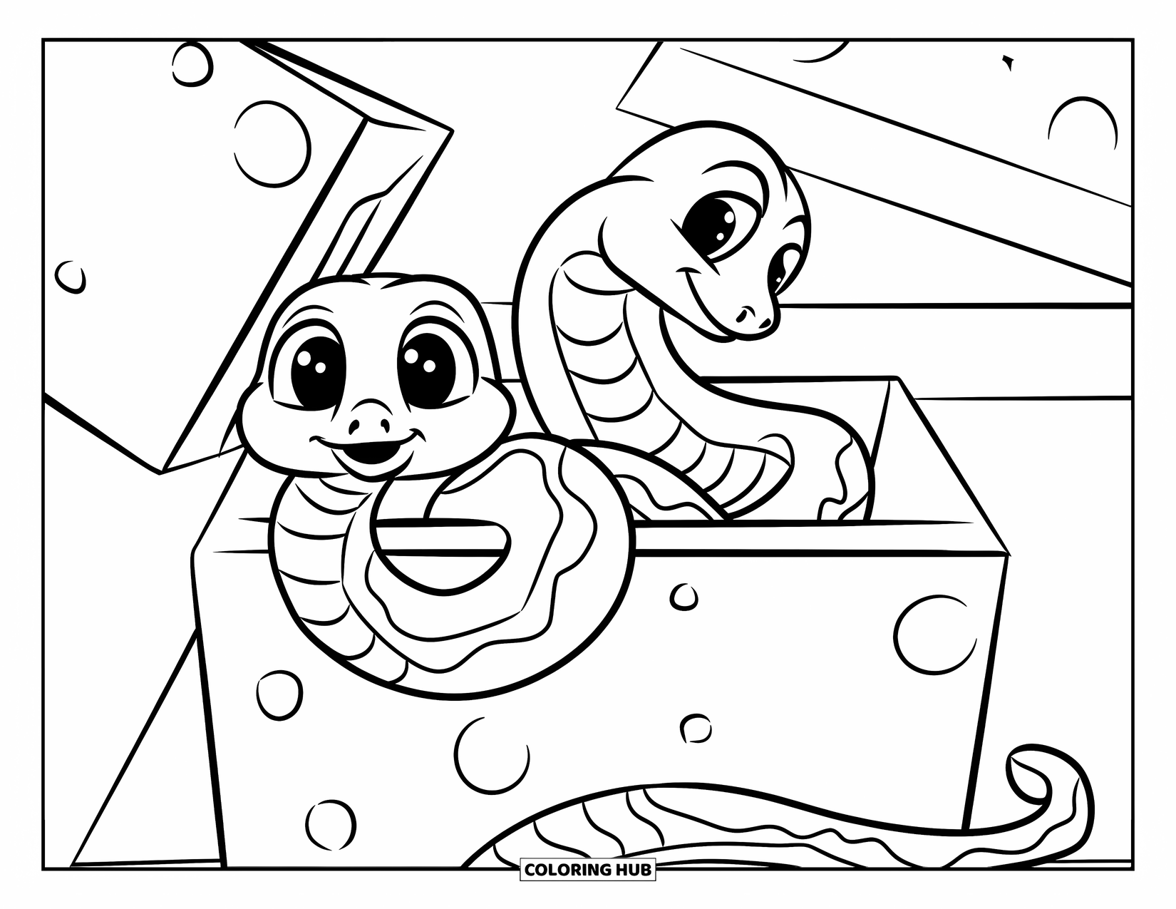 Kolorowanka z wężem dla dzieci: Jeden wąż wyskakuje, a drugi zwija się w pudełku z zabawkami