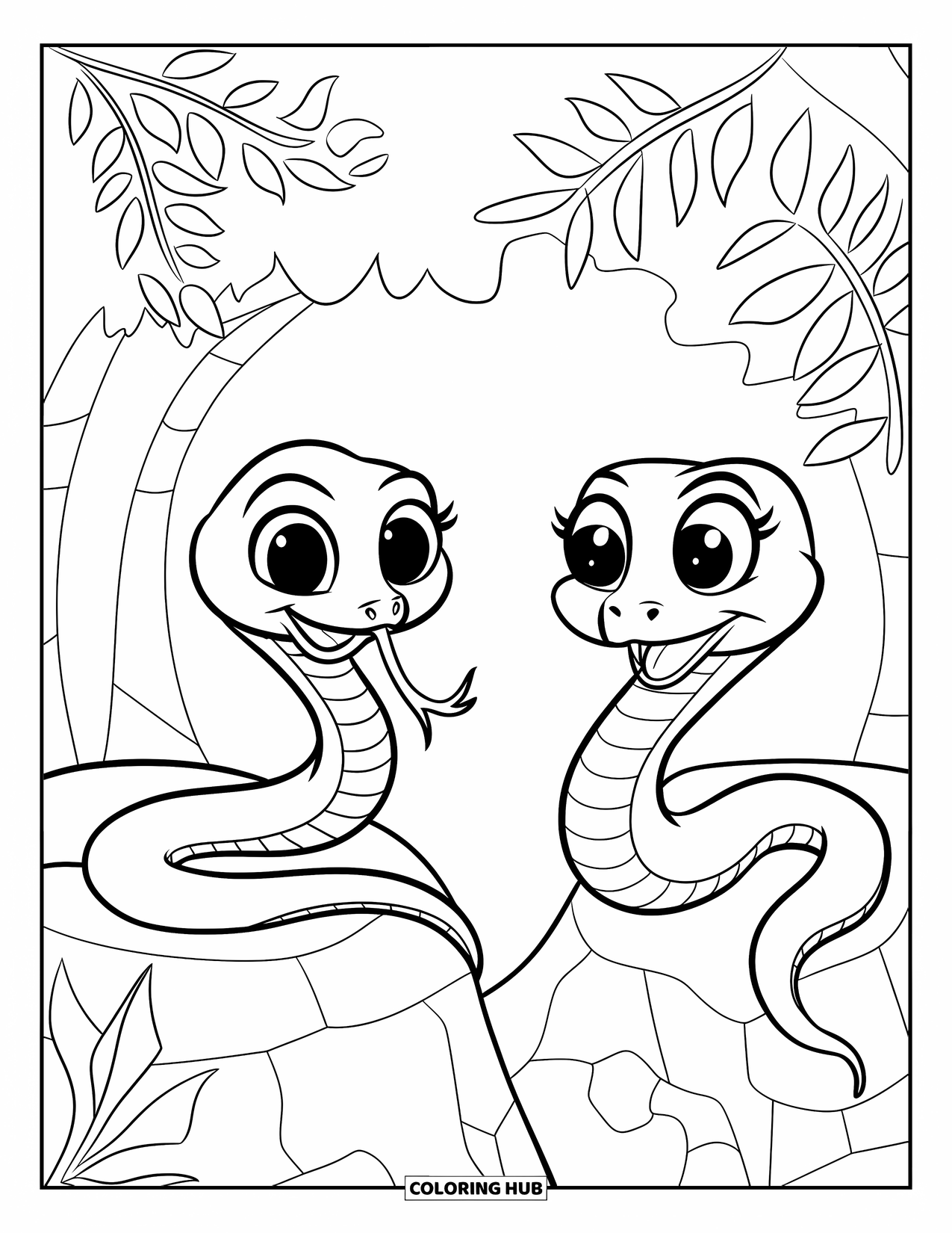 Kolorowanka z wężem dla dzieci: Dwa wesołe węże z dużymi oczami patrzą na siebie wśród liści w lesie