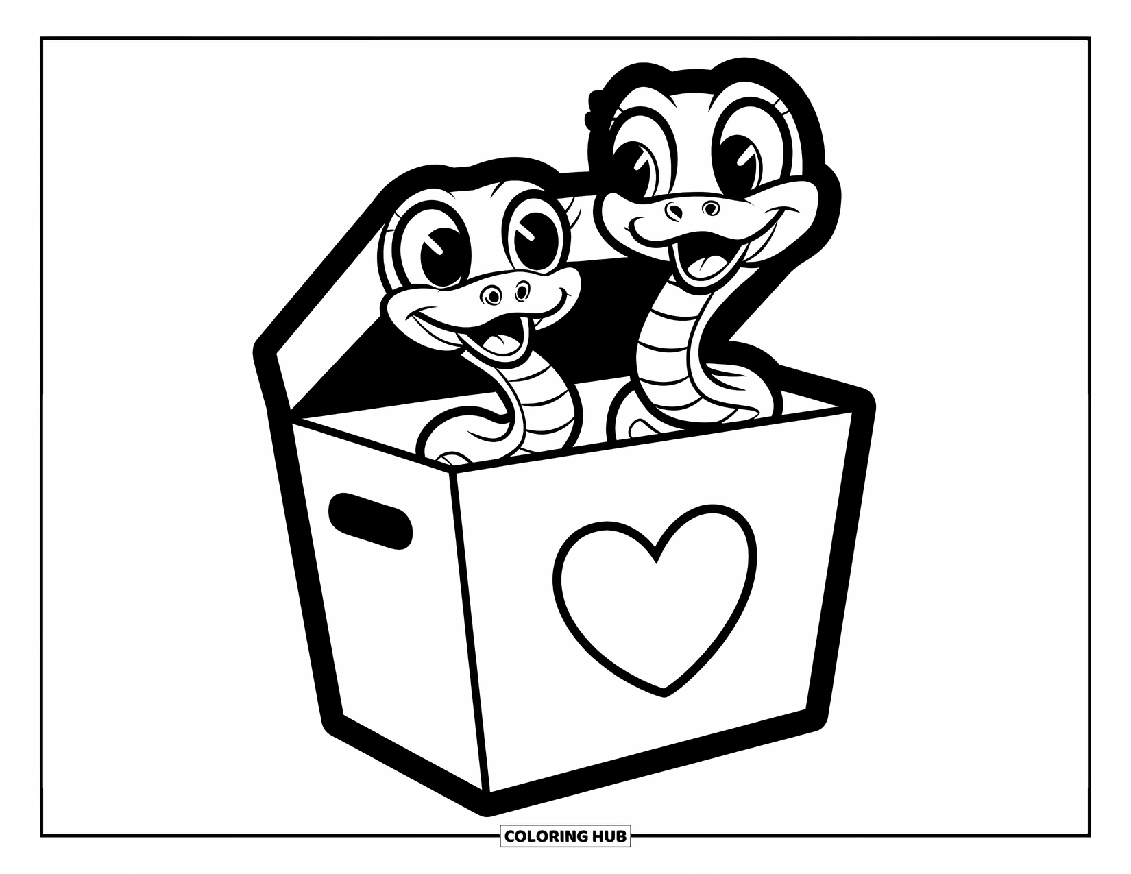 Kolorowanka z wężem dla dzieci: Dwa urocze węże wyglądają z pudełka z zabawkami z sercem na froncie