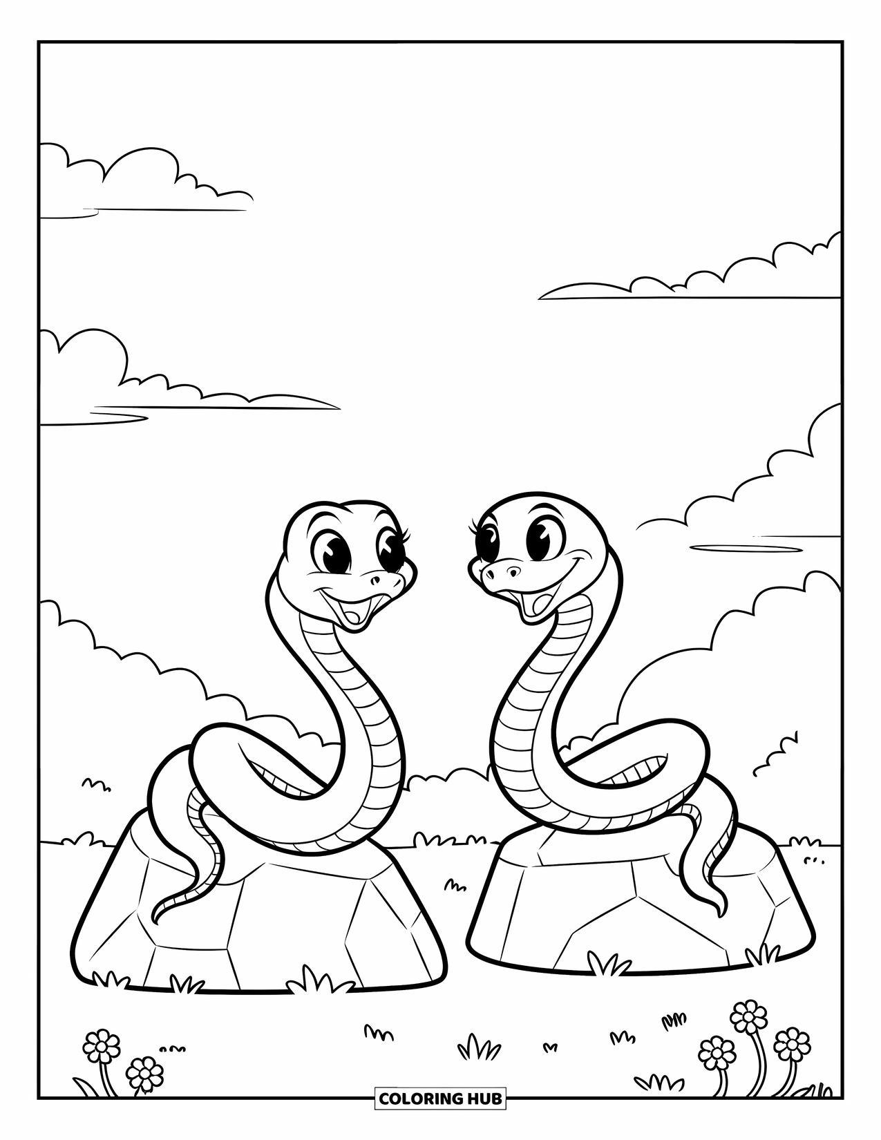 Kolorowanka z wężem dla dzieci: Dwa urocze węże uśmiechają się do siebie z osobnych kamieni na trawiastym terenie
