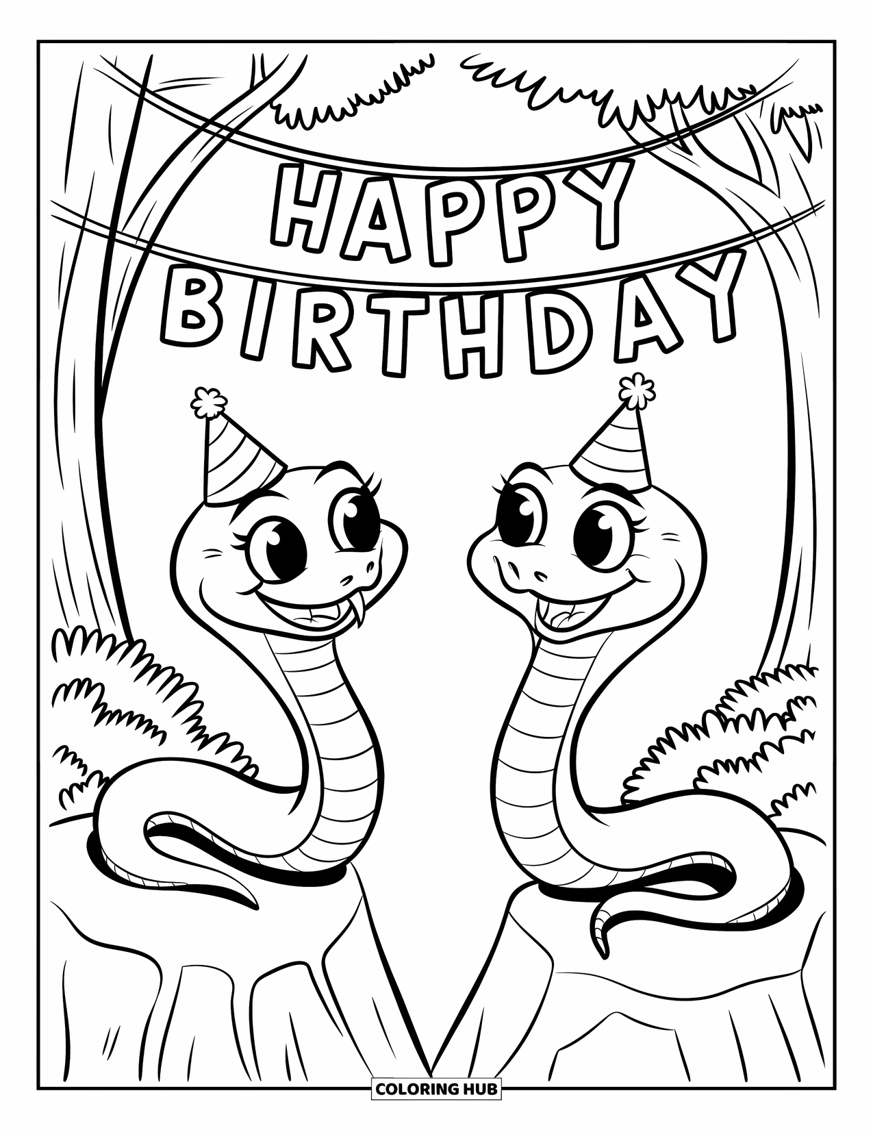 Kolorowanka z wężem dla dzieci: Dwa węże w czapeczkach imprezowych uśmiechają się do siebie pod napisem „Happy Birthday” w lesie