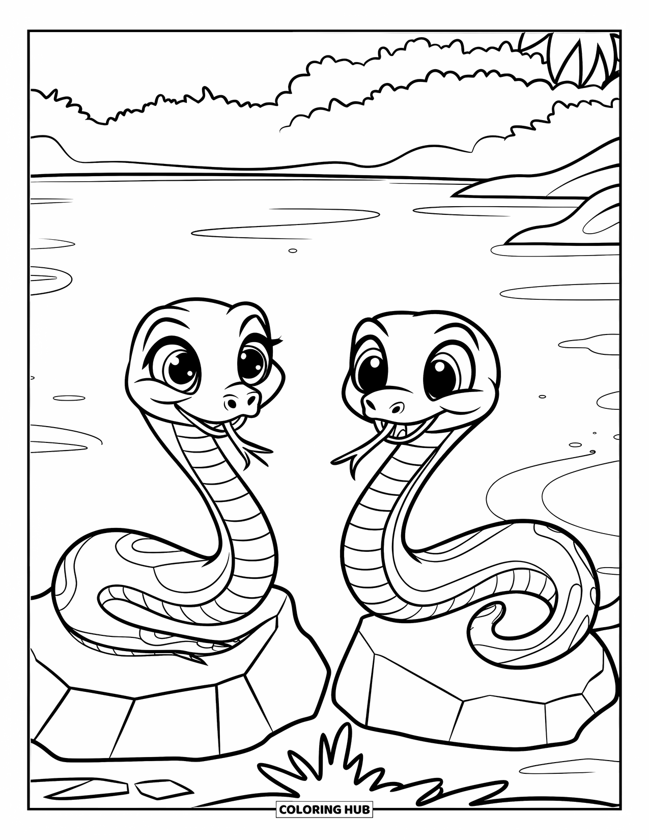 Kolorowanka z wężem dla dzieci: Dwa uśmiechnięte węże siedzą na skałach w pobliżu spokojnego jeziora i zielonej scenerii