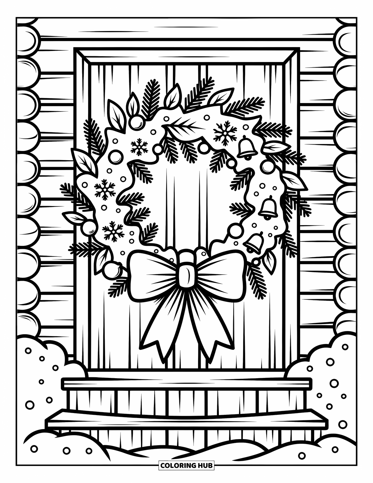 Snowflake Coloring Page for Adults: A cabin door glows with a wreath made of snowflakes, pine, and ribbon