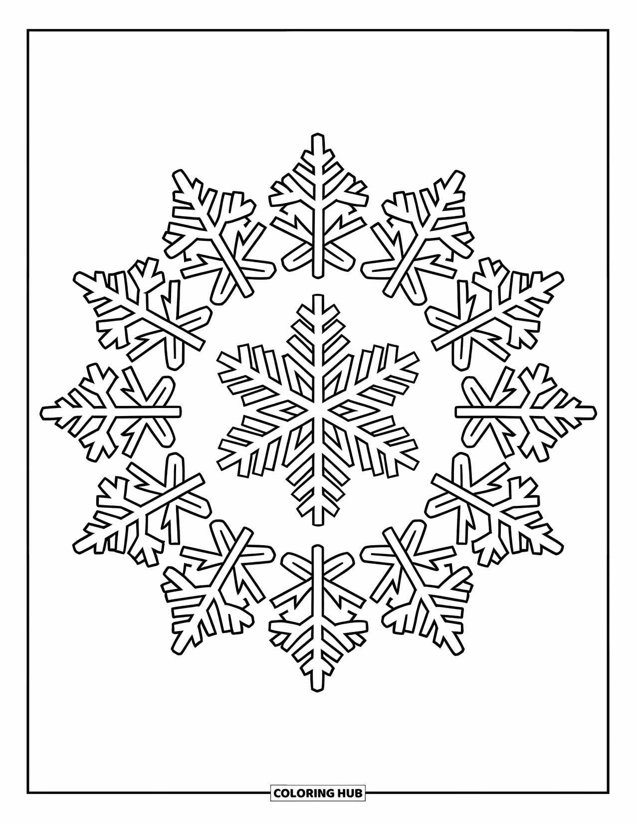 Snowflake Coloring Page for Adults: A central snowflake is framed by uniquely patterned snowflakes extending outward