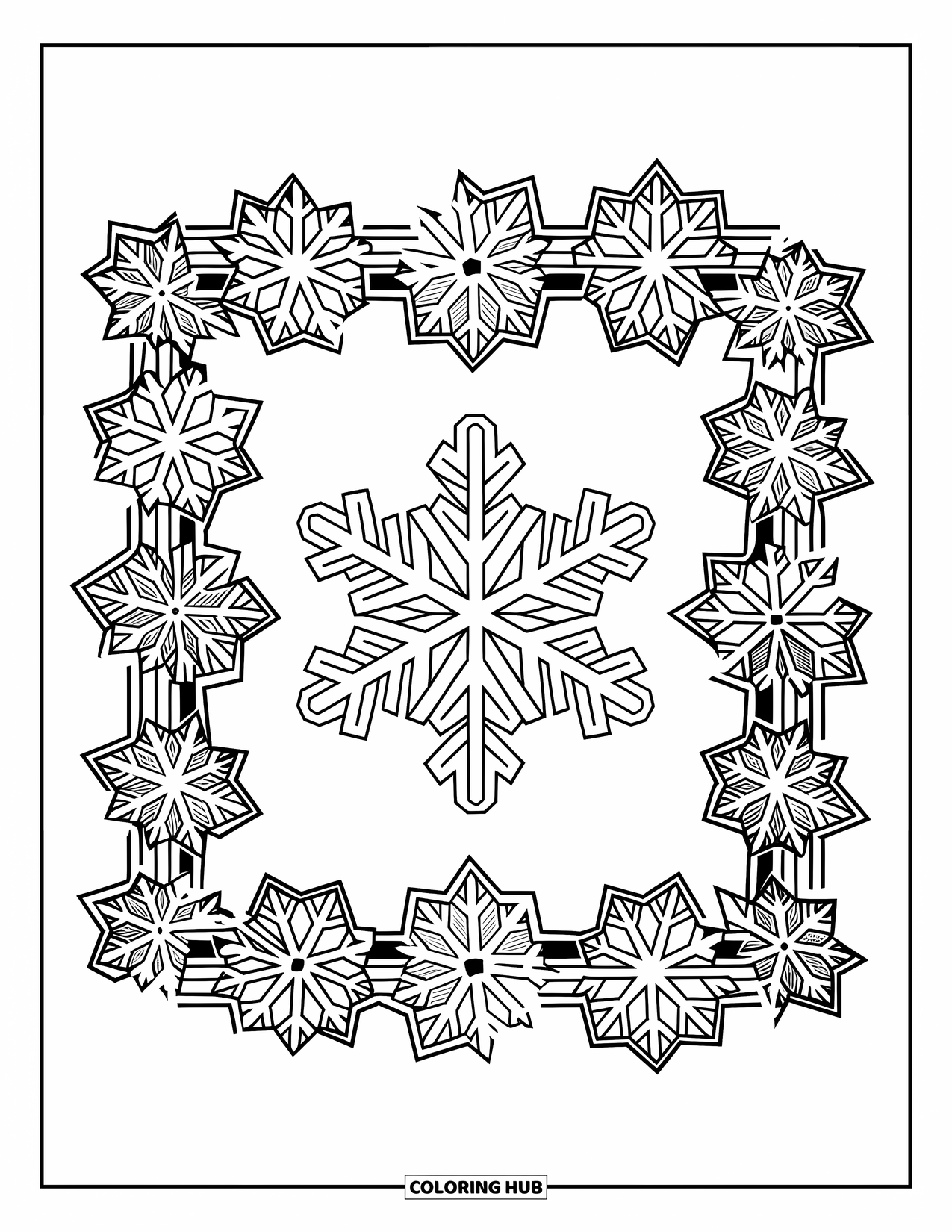 Snowflake Coloring Page for Adults: A central snowflake is surrounded by a detailed frame of smaller snowflakes