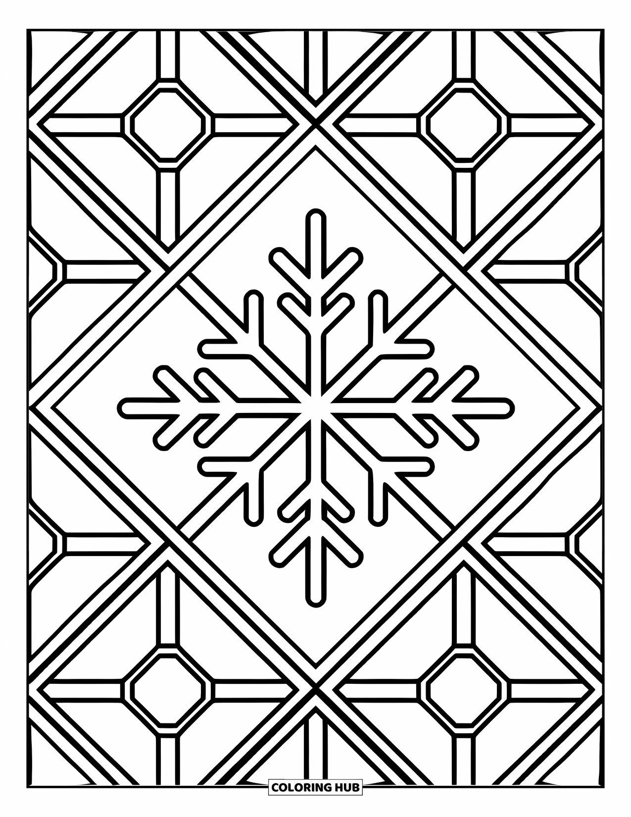 Snowflake Coloring Page for Adults: A central snowflake is surrounded by symmetrical tiled patterns across the page