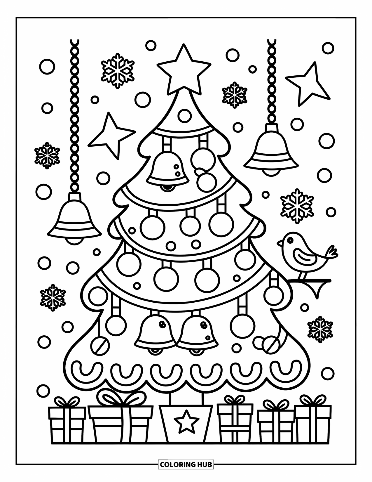 Snowflake Coloring Page for Adults: A decorated tree with stars and bows is watched by a curious little bird