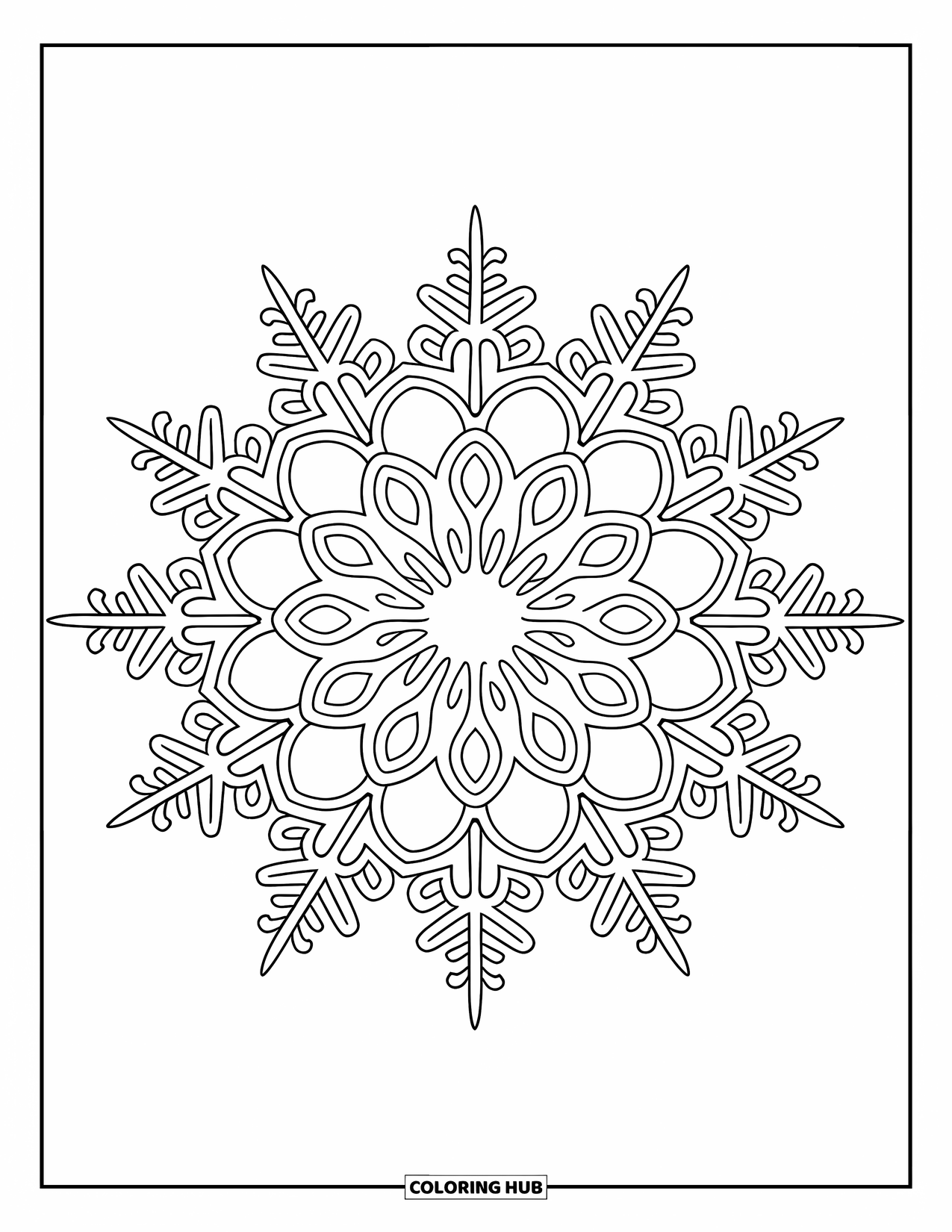 Snowflake Coloring Page for Adults: A detailed snowflake mandala fills the page with twisting arms and shapes