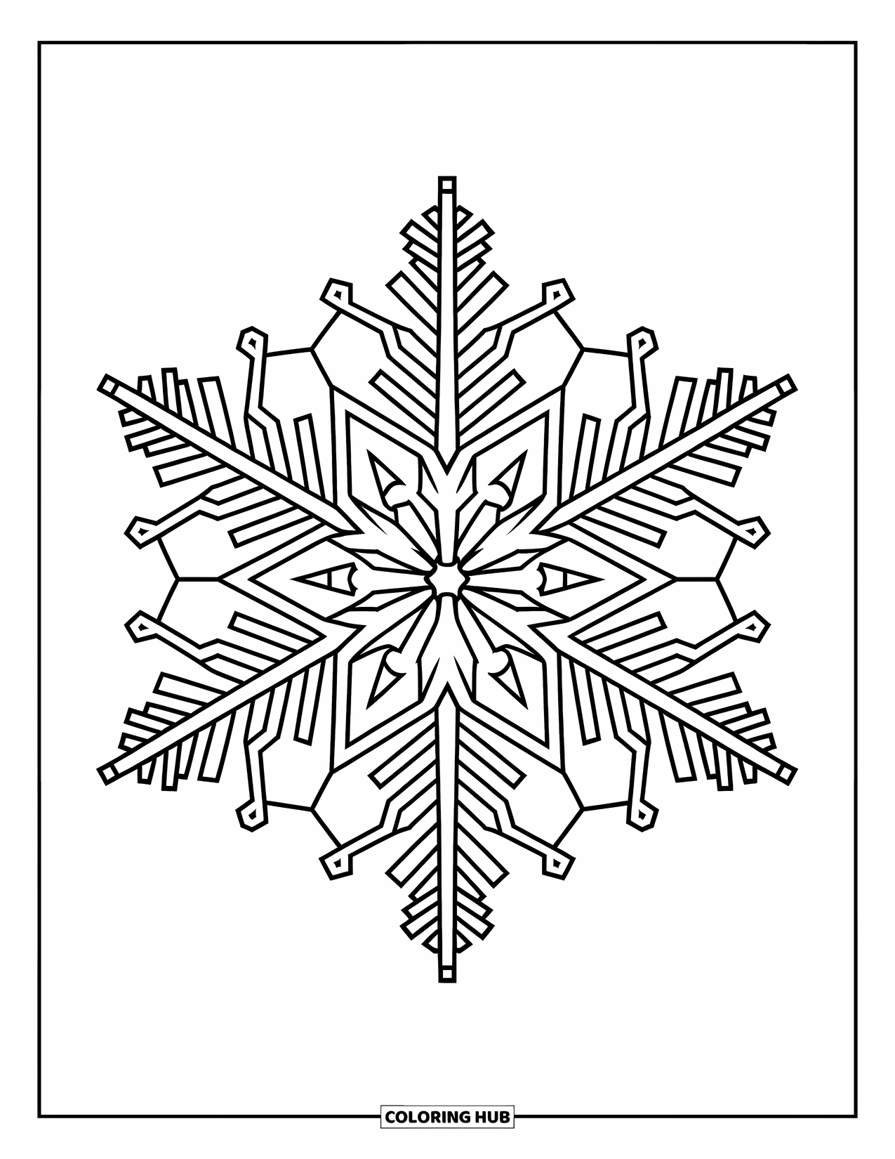 Snowflake Coloring Page for Adults: A detailed snowflake mandala forms a bold circular pattern on a white background