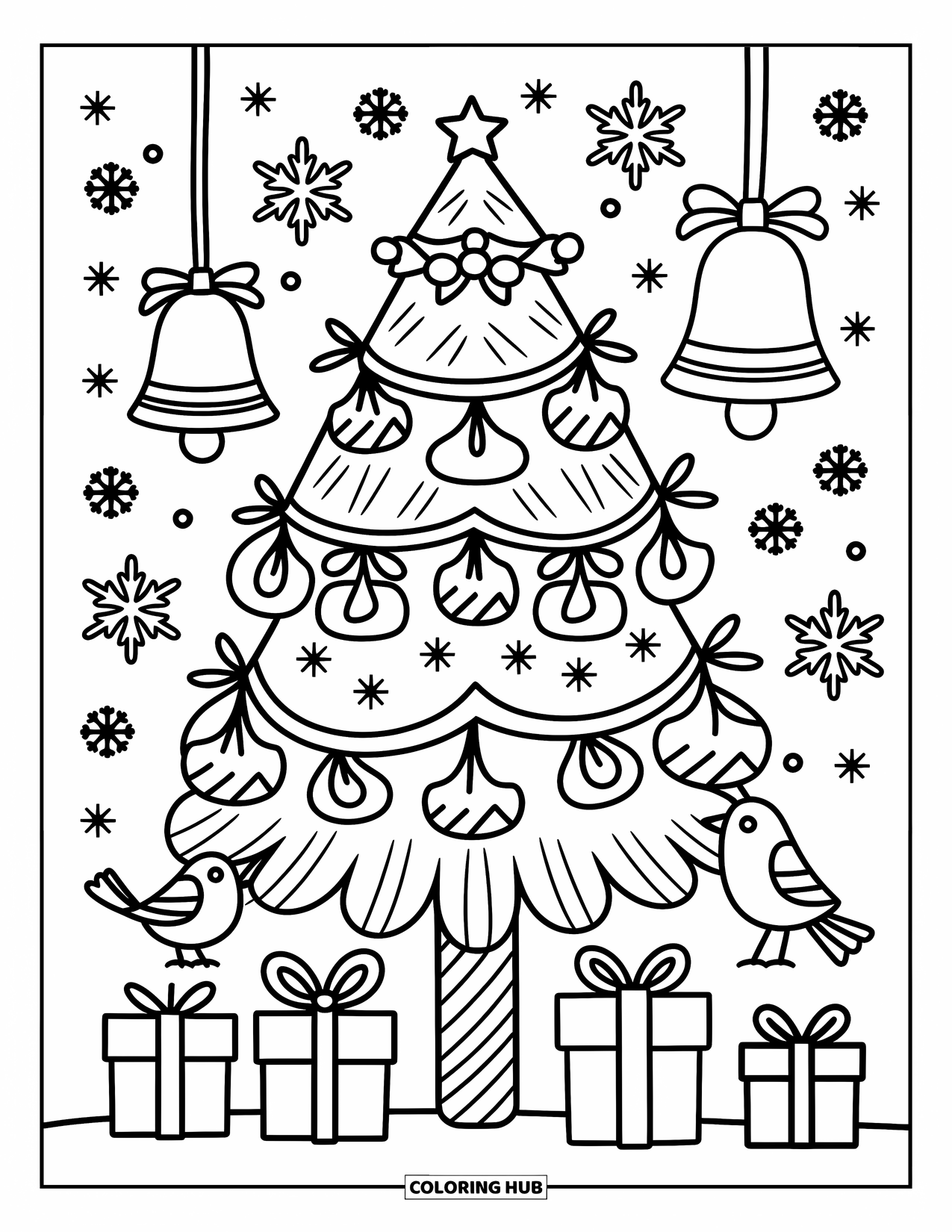 Snowflake Coloring Page for Adults: A festive pine tree is decorated with bells, ribbons, stars, and tiny gifts