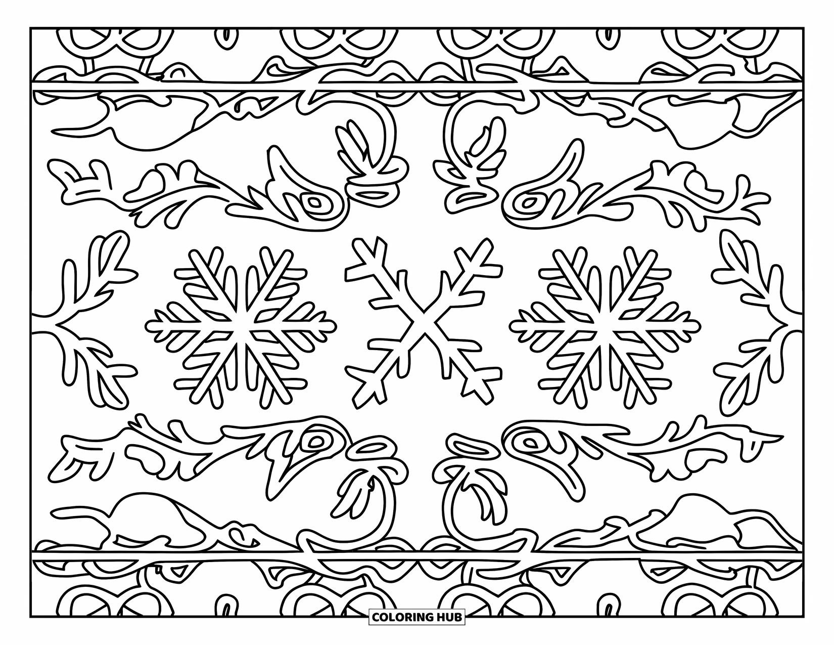 Snowflake Coloring Page for Adults: A full-page pattern of detailed snowflakes and winter vines fills the design