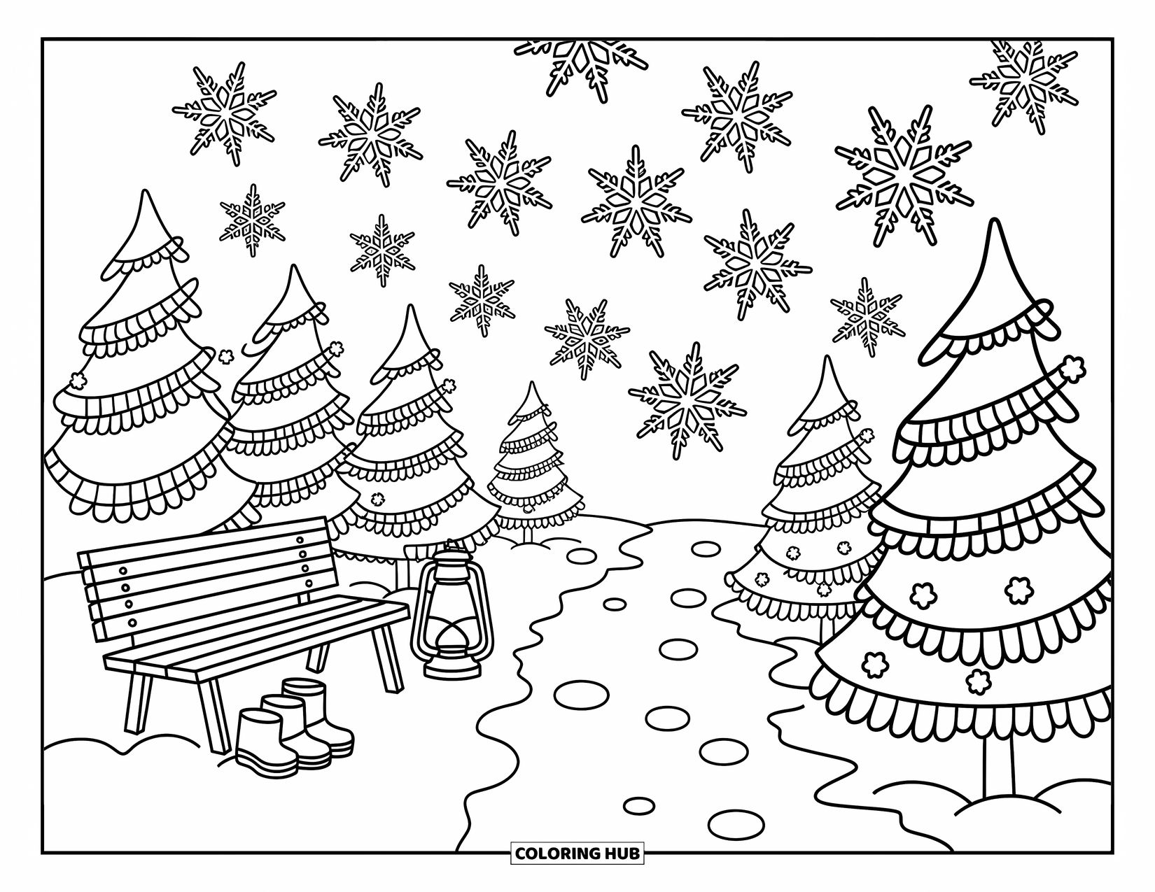 Snowflake Coloring Page for Adults: A lantern-lit bench sits near ribboned pines as snowflakes gently fall