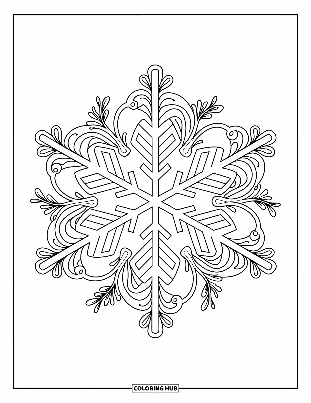Snowflake Coloring Page for Adults: A large snowflake is wrapped in swirling branches and floral winter details