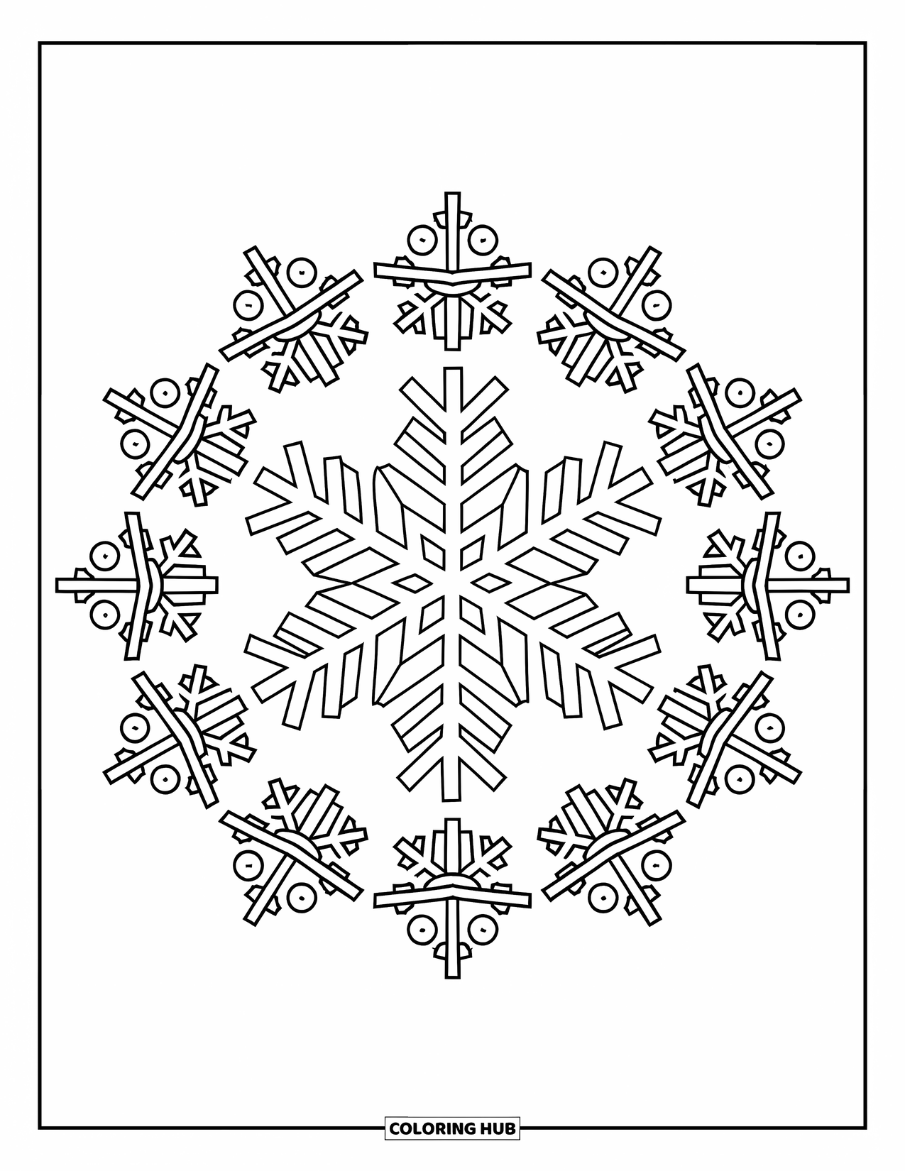 Snowflake Coloring Page for Adults: A snowflake mandala is ringed by unique snowflakes in a circular layout